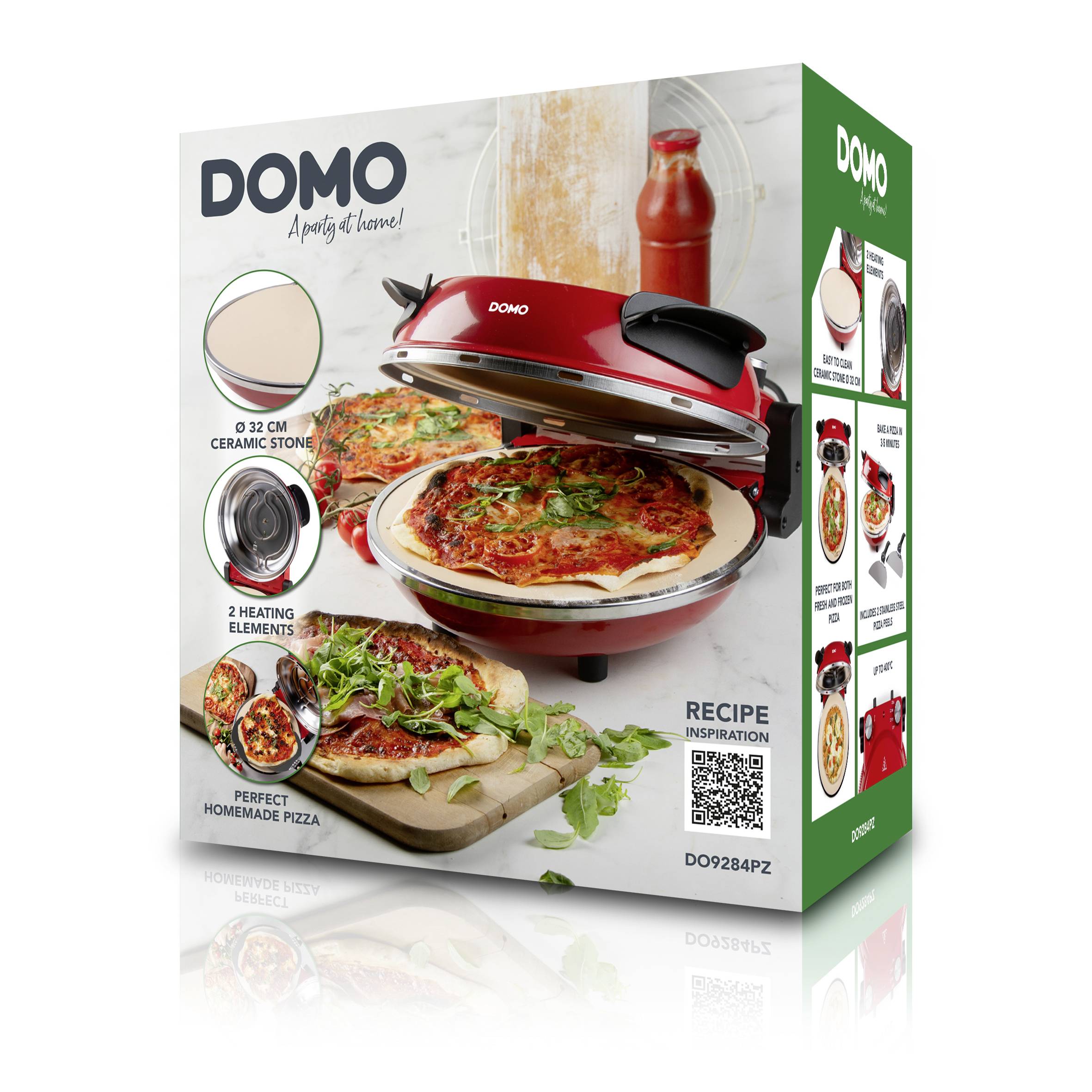 Obal na pizzaovn od Domo. Zobrazuje červenou troubu se dvěma topnými tělesy a 32cm keramickou deskou. Včetně nápadů na recepty.