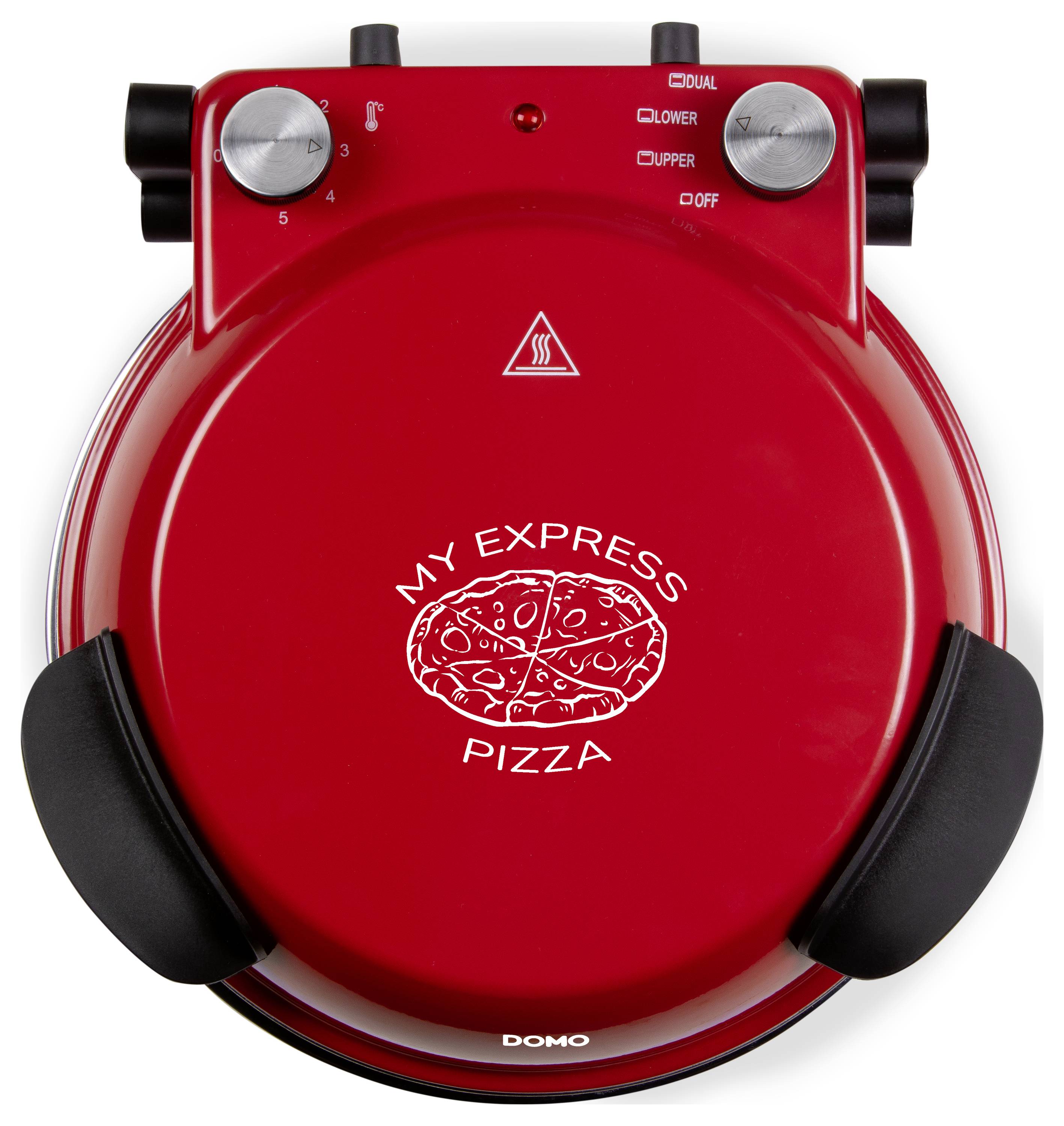 Červená pizza pečicí trouba pohledem shora s nápisem 'My Express Pizza'. Otočné knoflíky pro nastavení teploty, černé rukojeti po stranách.