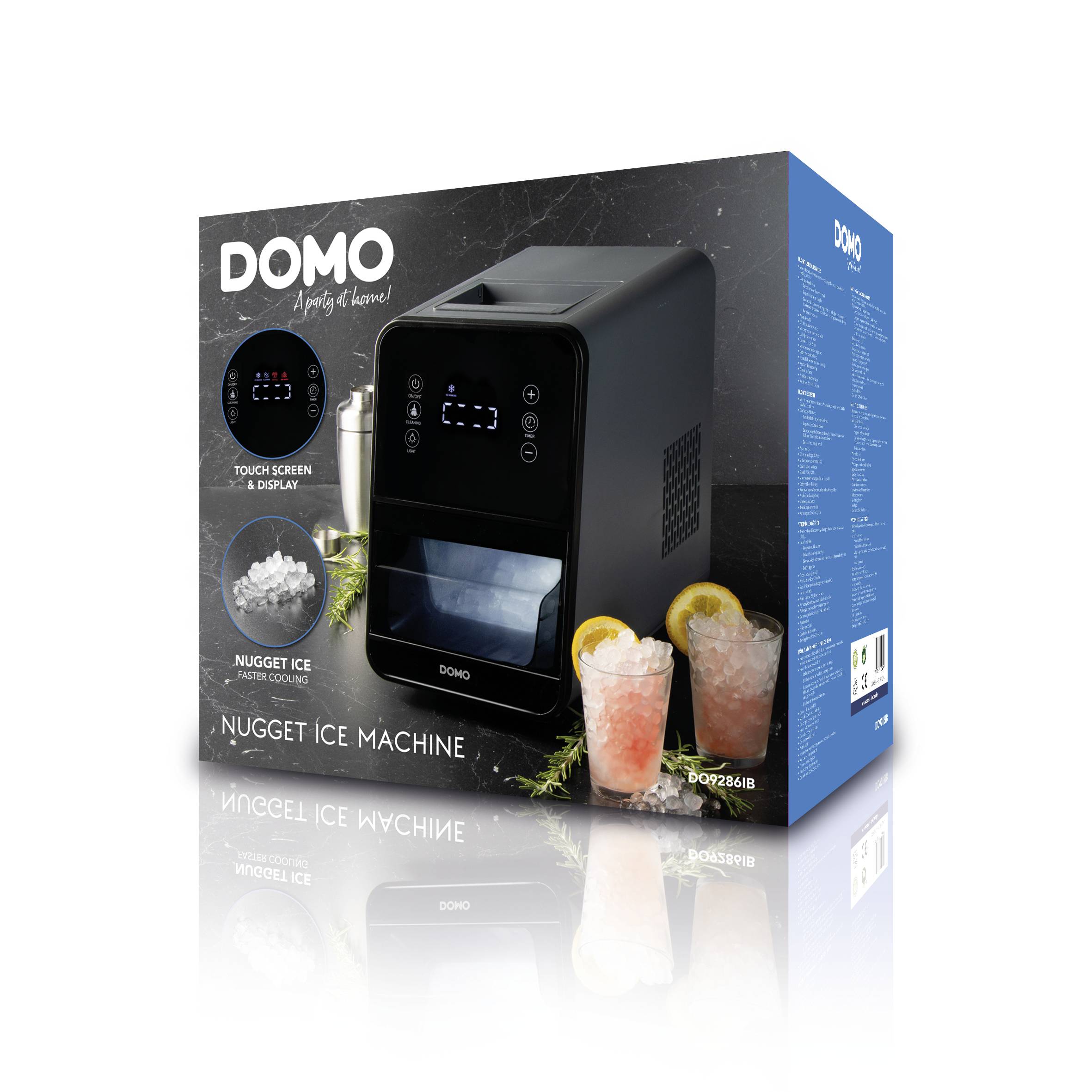 Stroj na nugátové zmrzliny značky Domo v obalu s dotykovým displejem. Na obalu jsou vyobrazeny zmrzliny a sklenice.