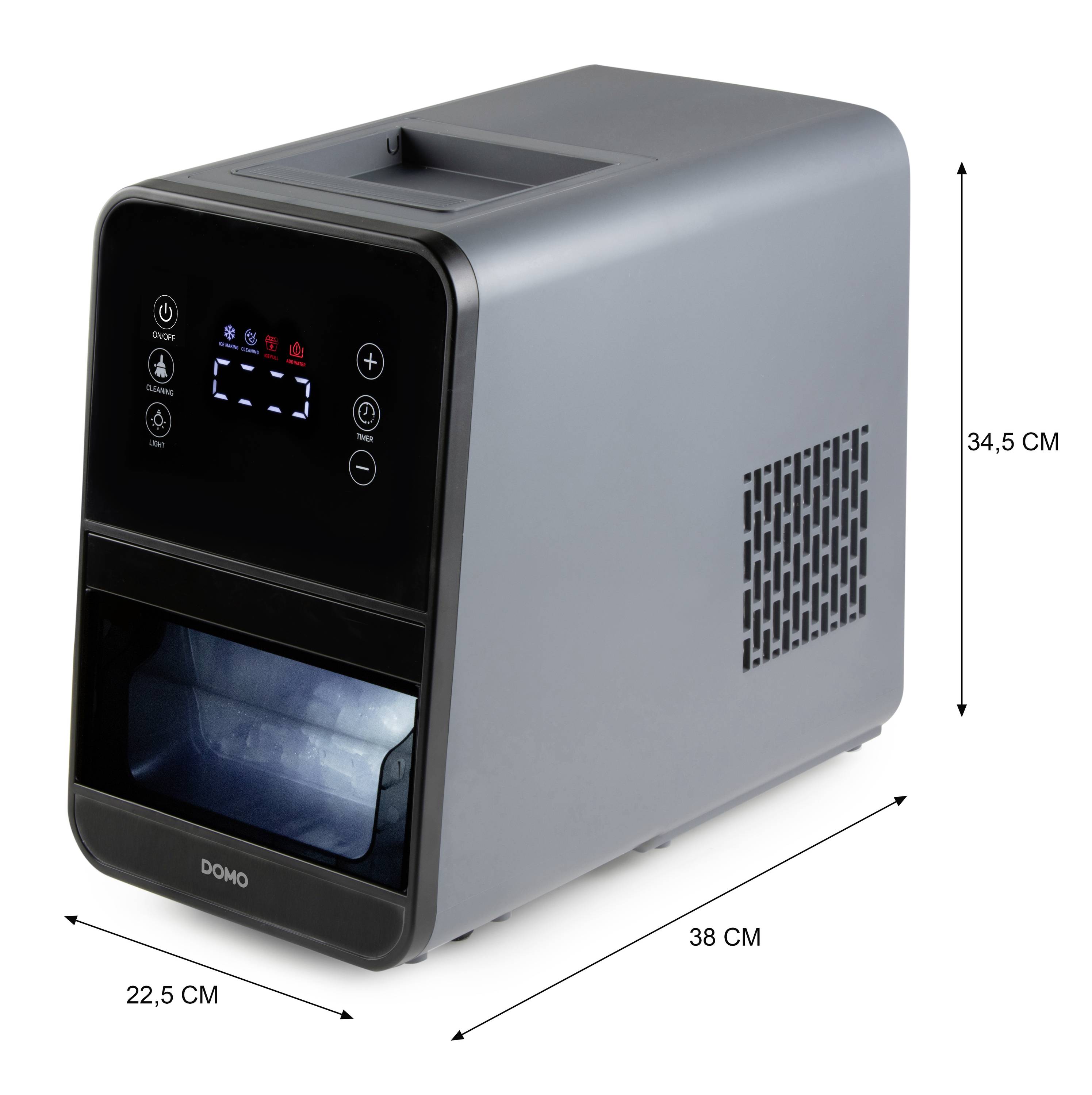 'Výrobník ledu s digitálním displejem a ovládacími tlačítky. Rozměry: 34,5 cm výška, 22,5 cm šířka, 38 cm hloubka.'