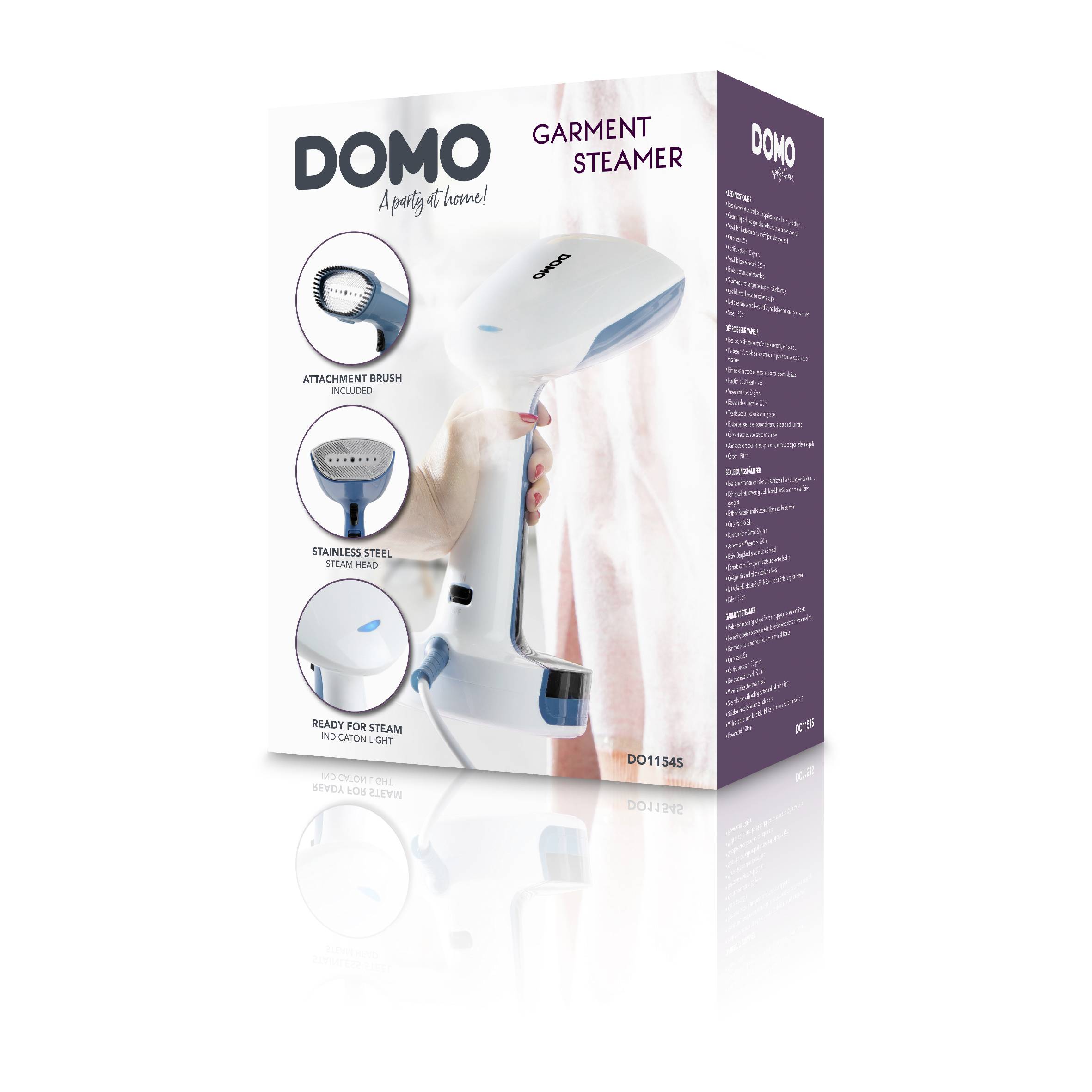 Ruční parní čistič značky 'DOMO' v obalu. Na obalu jsou vyobrazeny charakteristiky produktu a obrázek parního čističe.