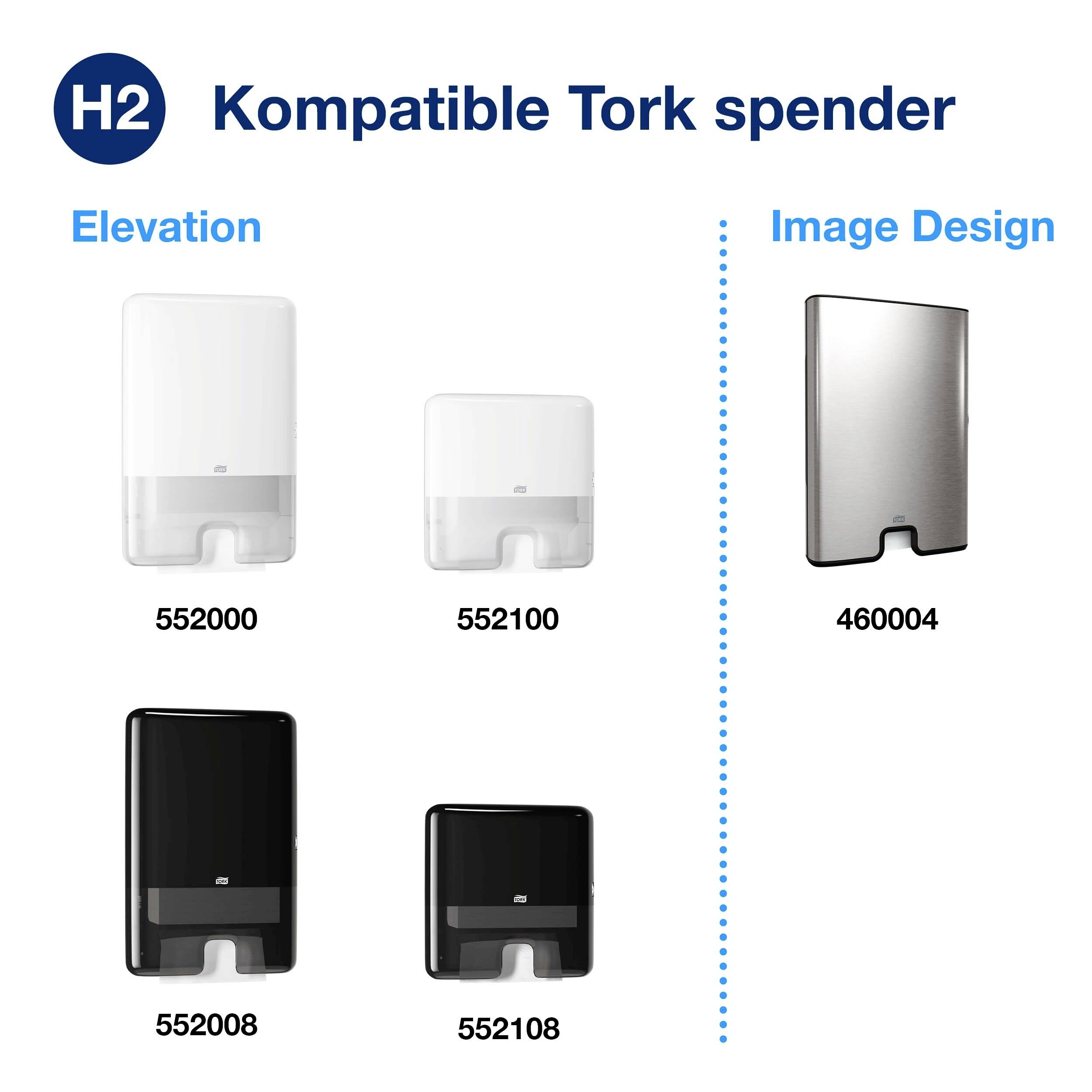 Dávkovač 'Tork Spender H2' nabízí různé modely: Elevation (bílé a černé dávkovače s čísly) a Image Design (ocelové), které jsou kompatibilní s papírovými ručníky Tork.