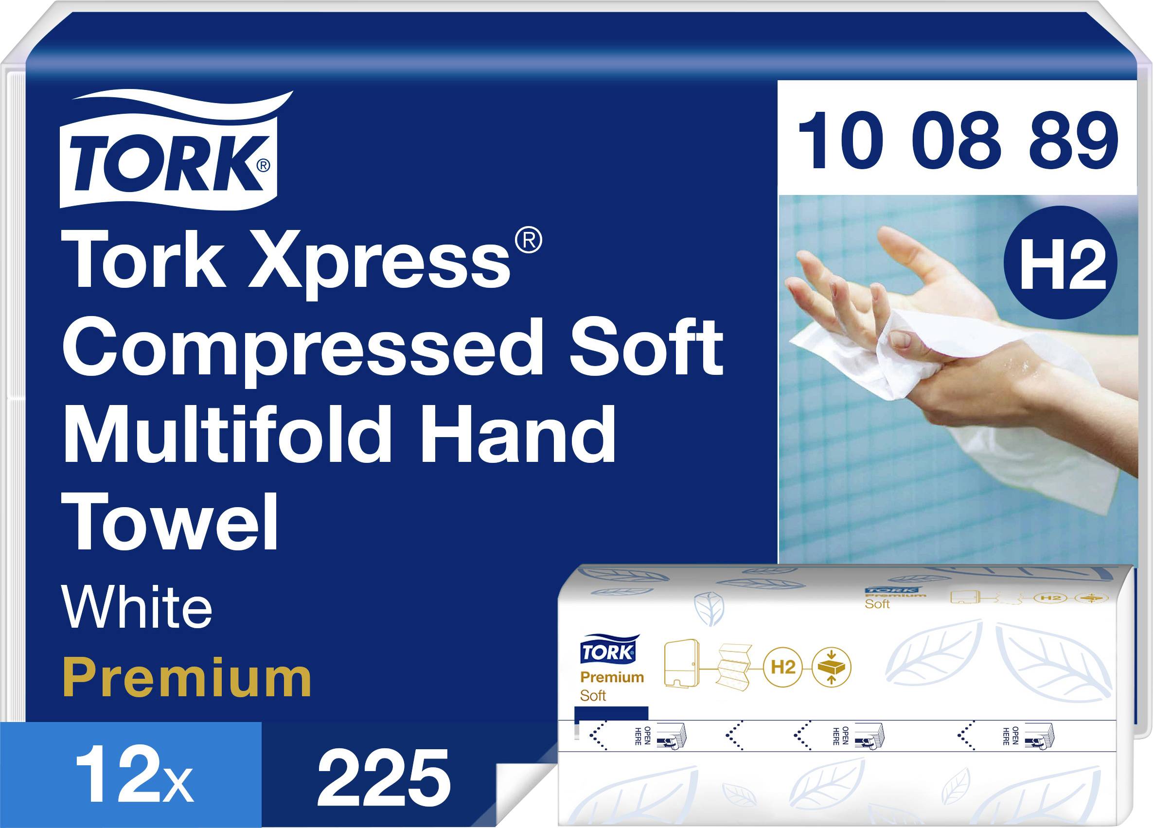 'Balení Tork Xpress Compressed Soft Multifold ručník' s obrázkem ruky držící bílou utěrku. Obsahuje 12 balení.
