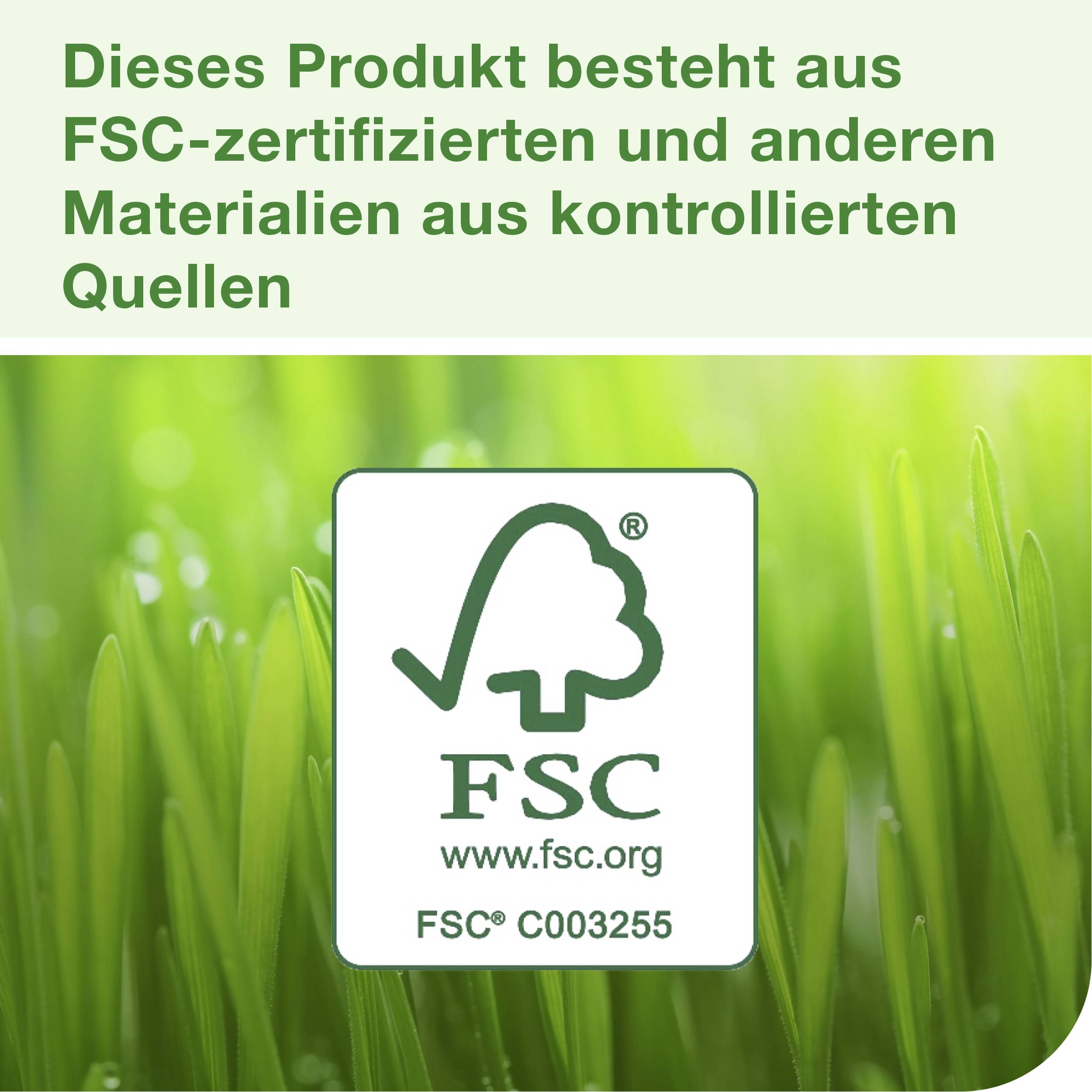 FSC certifikace: Produkt z FSC certifikovaných a kontrolovaných materiálů, zelené pozadí s trávou.