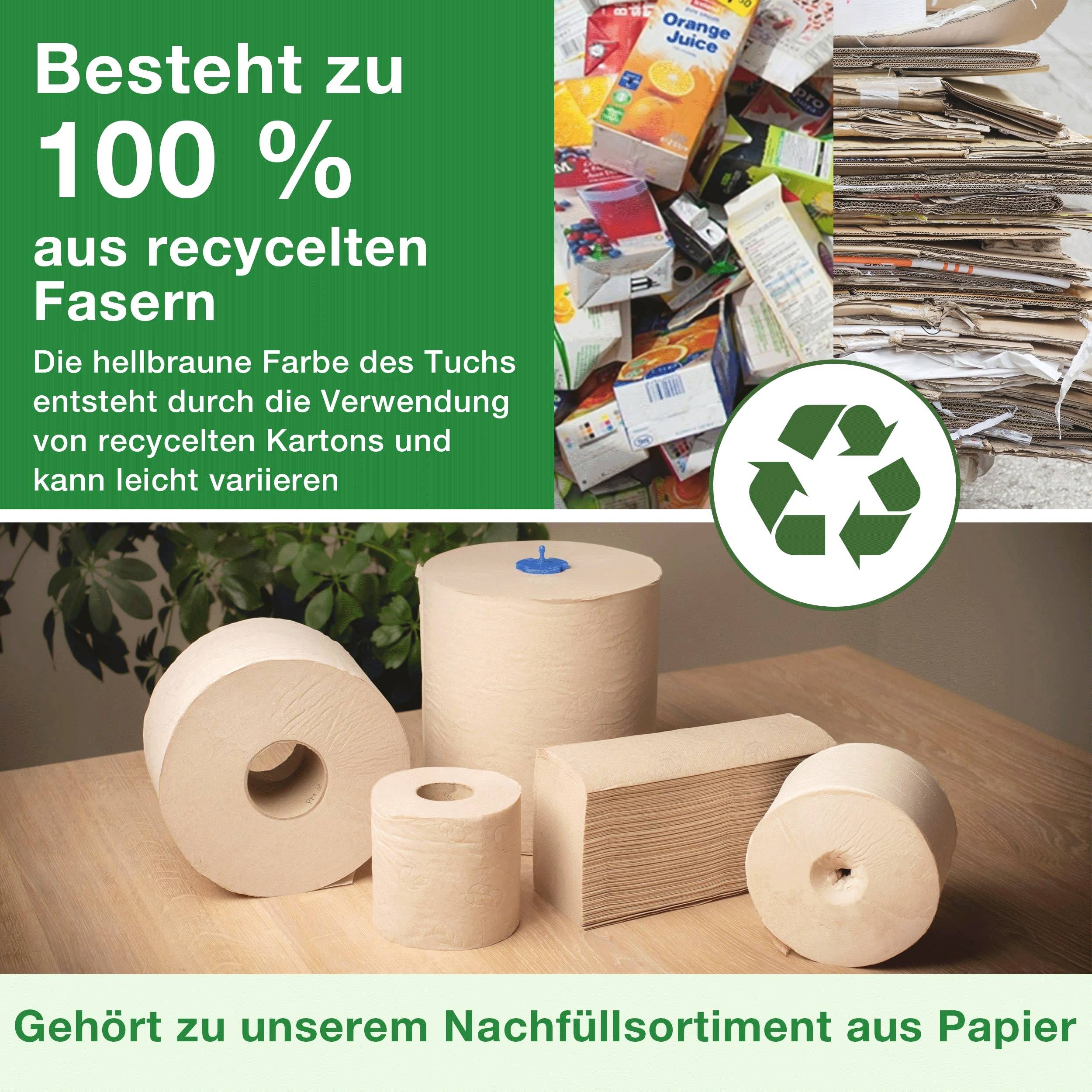 '100% vyrobeno z recyklovaných vláken.' Různé papírové utěrky s recyklačním symbolem. V pozadí papírové výrobky a kartony.