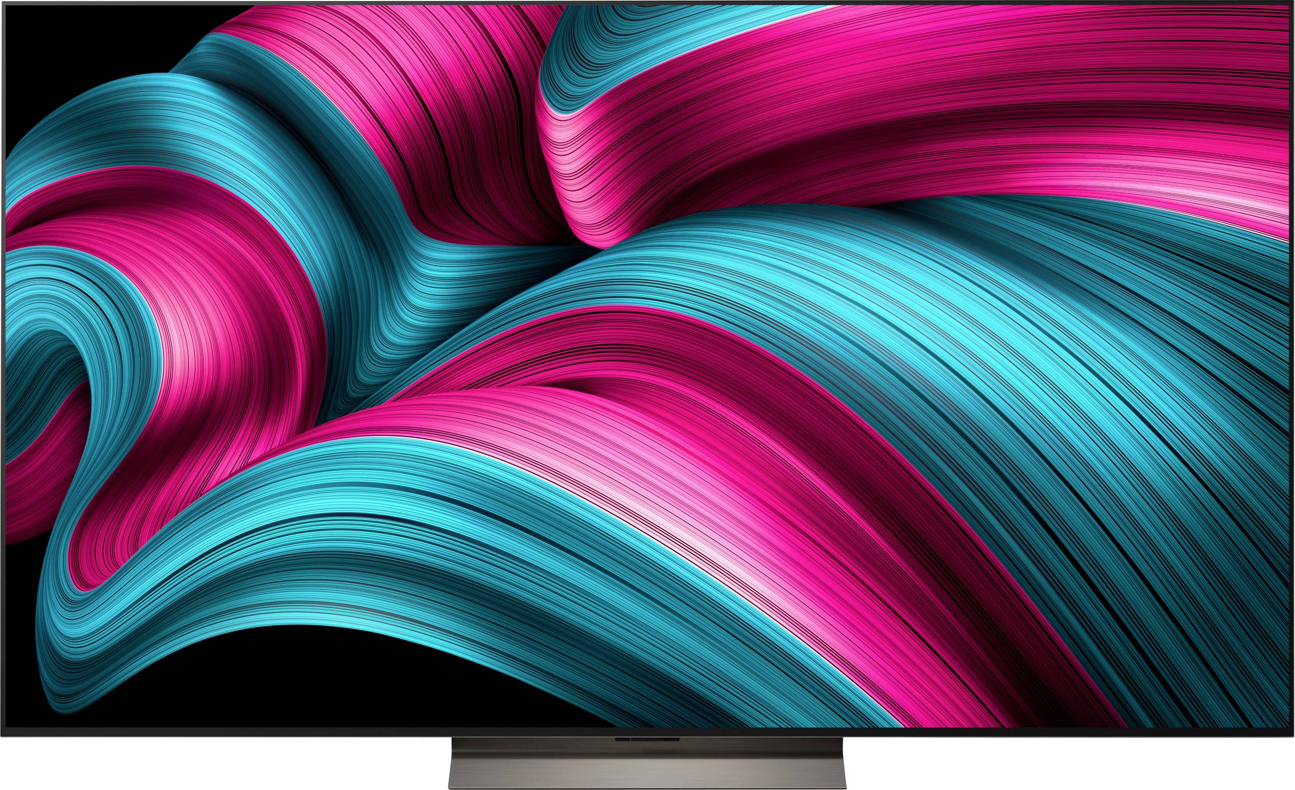 Dynamický, vířivý abstraktní design v jasně tyrkysových a purpurových tónech, zobrazující plynoucí pohyb a energii na tmavém pozadí.