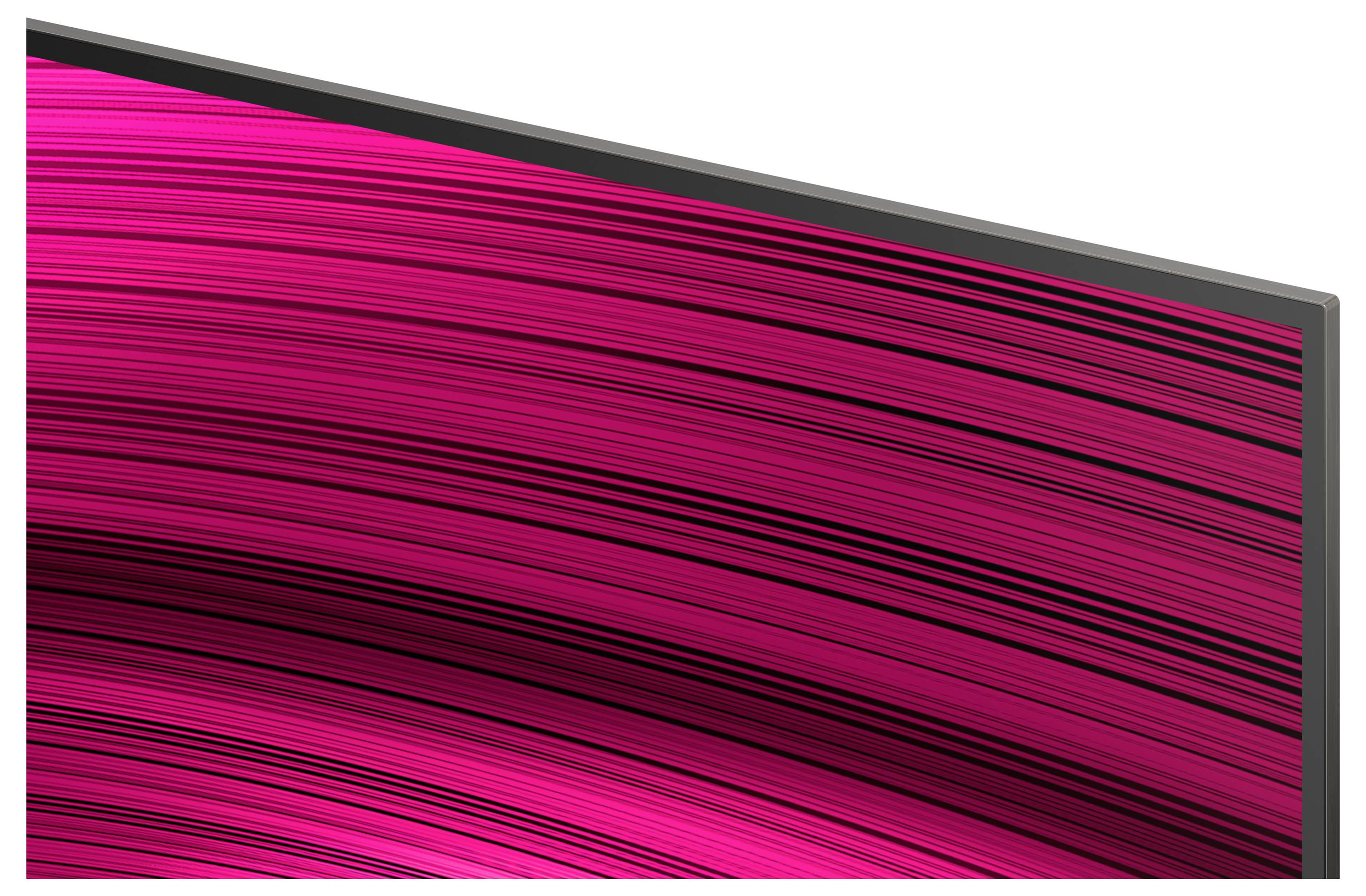 Zakřivený displej s výraznými růžovými a černými liniemi vytvářející dynamický, plynulý vzor.