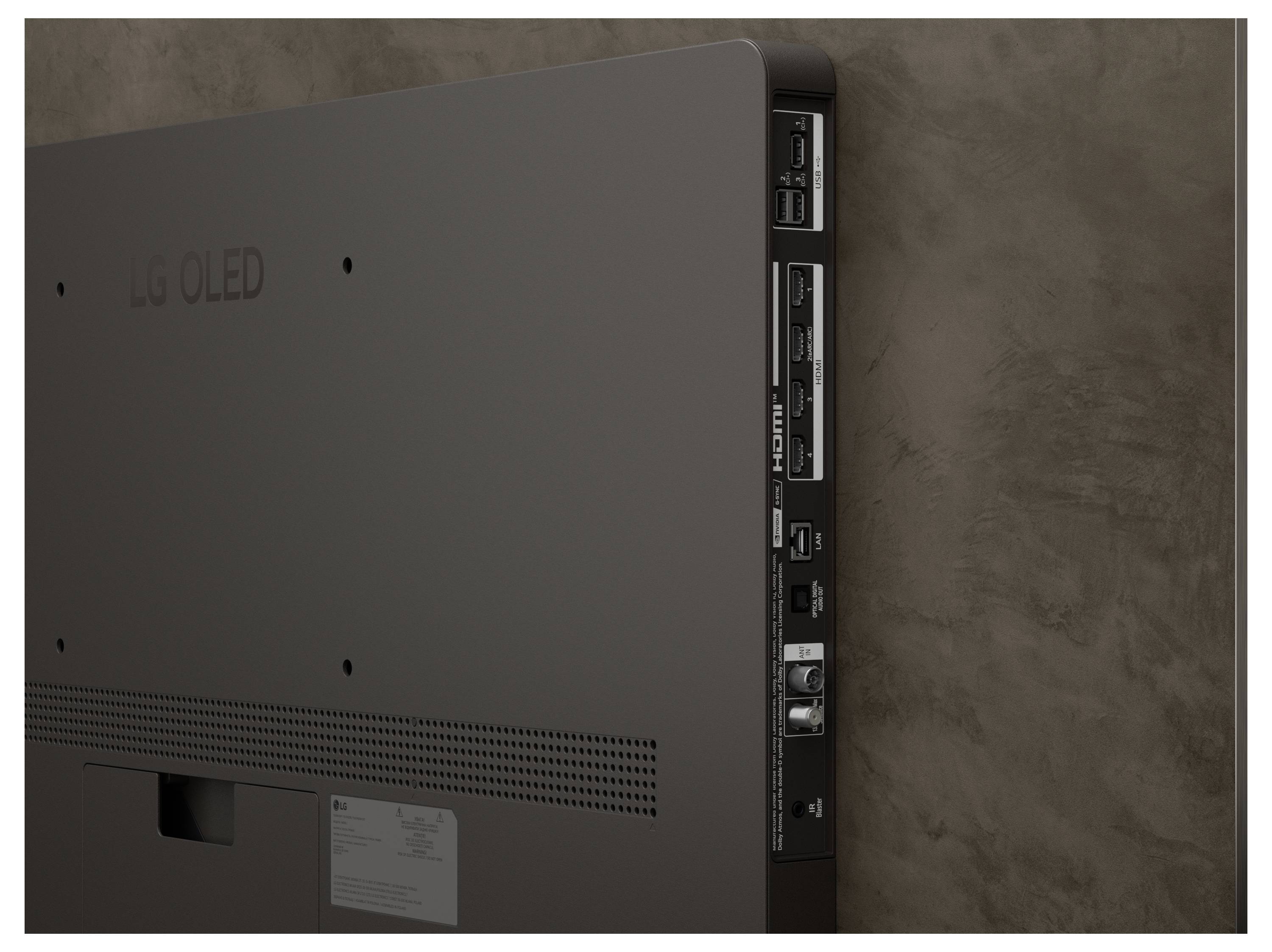 Zadní strana nástěnné LG OLED televize zobrazující různé porty včetně rozhraní HDMI, USB a audio, které naznačují možnosti připojení.