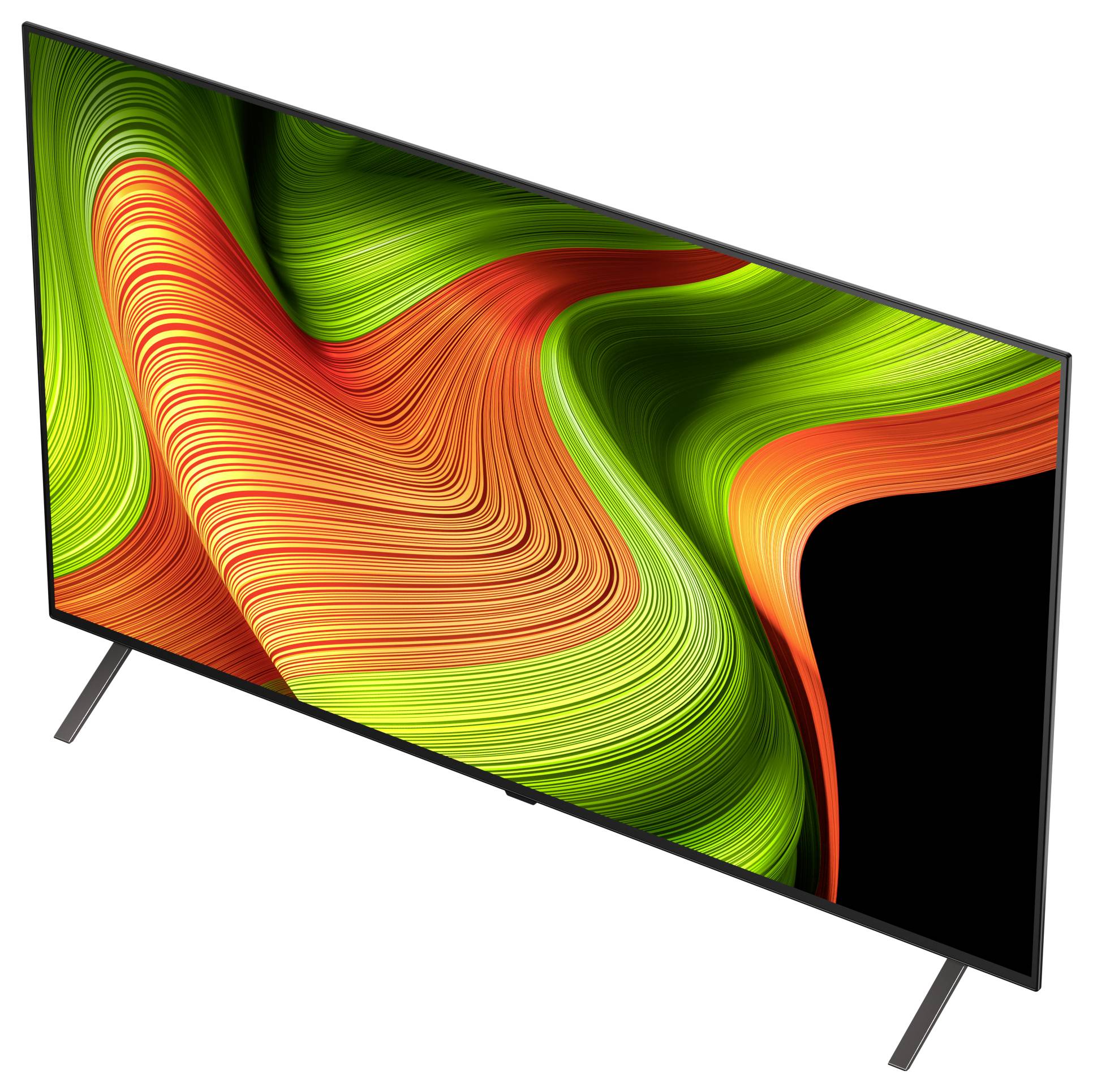 Štíhlý, moderní LED televizor s plochou obrazovkou zobrazující živý abstraktní design se spirálovitými zelenými a oranžovými vzory, umístěný na minimalistickém stojanu.