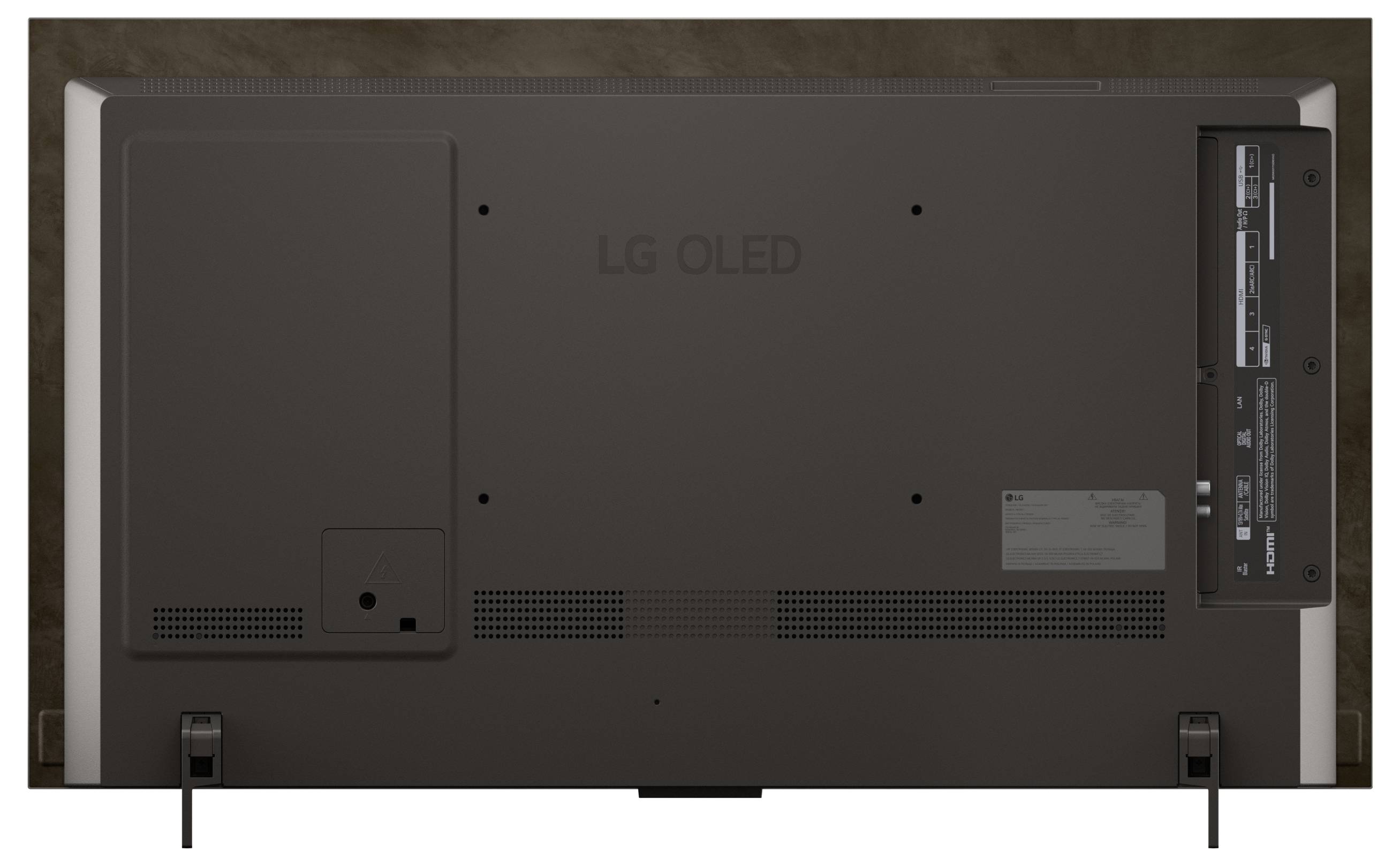 Pohled zezadu na televizor LG OLED zobrazující porty a konektory na tmavém pozadí.