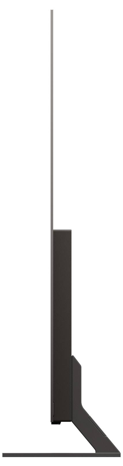 Pohled z boku na tenkou moderní LED televizi na podstavci, která vykazuje minimalistický a elegantní design s úzkou lištou.