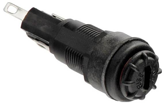 Černý válcový držák pojistky se dvěma kovovými svorkami, vhodný pro elektrické aplikace.