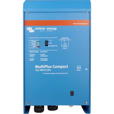 Modrý kryt měniče Victron Energy MultiPlus Compact s vypínači, indikátory a technickými detaily na přední straně.