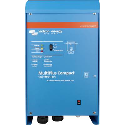 Modrý měnič od Victron Energy, model MultiPlus Compact. Indikátory pro 'Zapnuto', 'Vypnuto', 'Nabíječ' a 'Alarm'. Kapacita: 1600 VA.