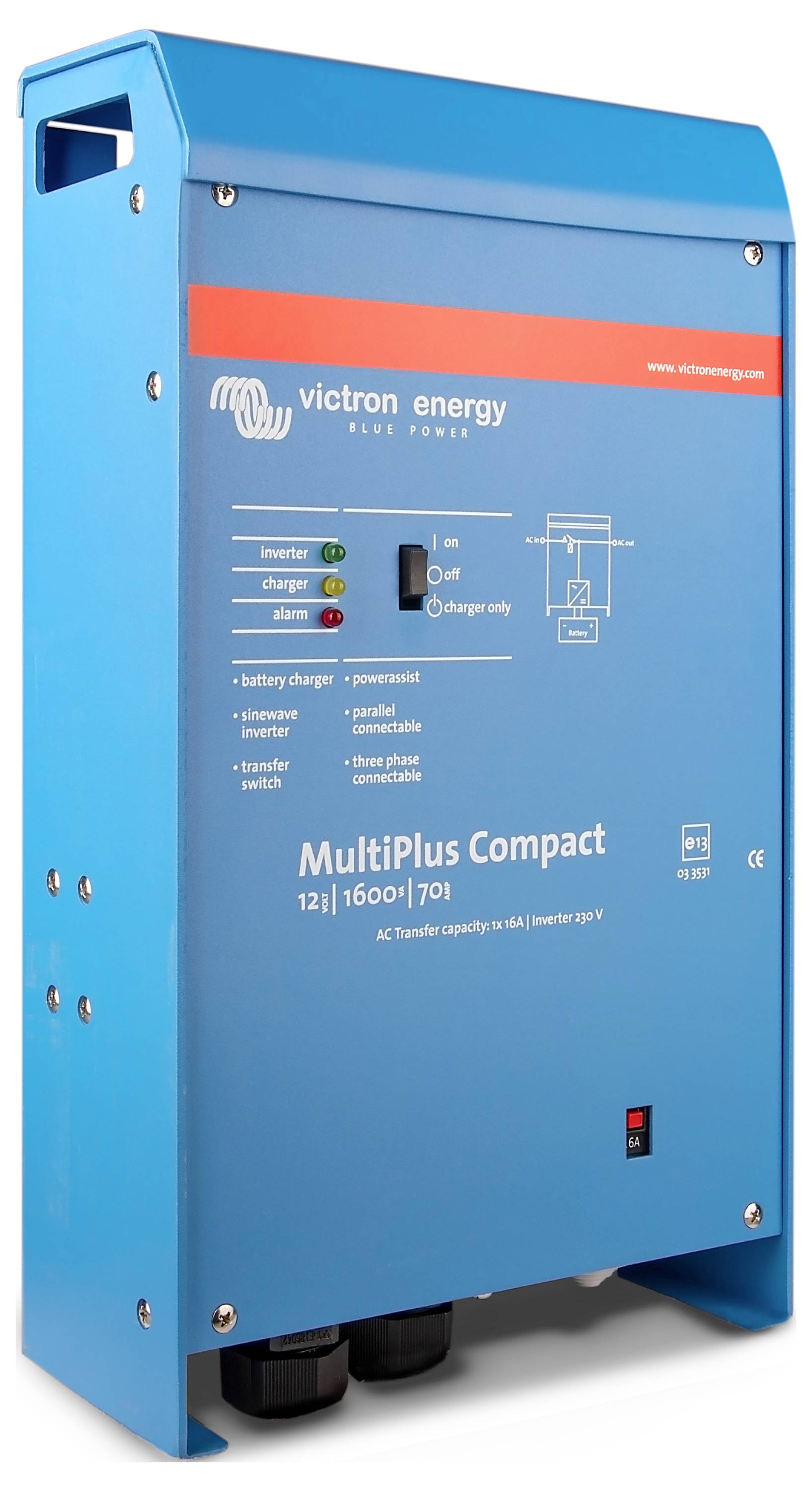 Modrý měnič od společnosti Victron Energy s nápisem 'MultiPlus Compact', indikátorem baterie a nastaveními pro nabíječ a měnič.