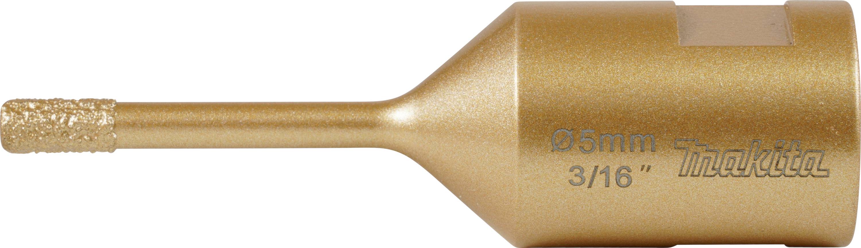 'Diamantový vrták Makita 5 mm 3/16", zlaté barvy, vhodný pro přesné vrtání do tvrdých materiálů.'