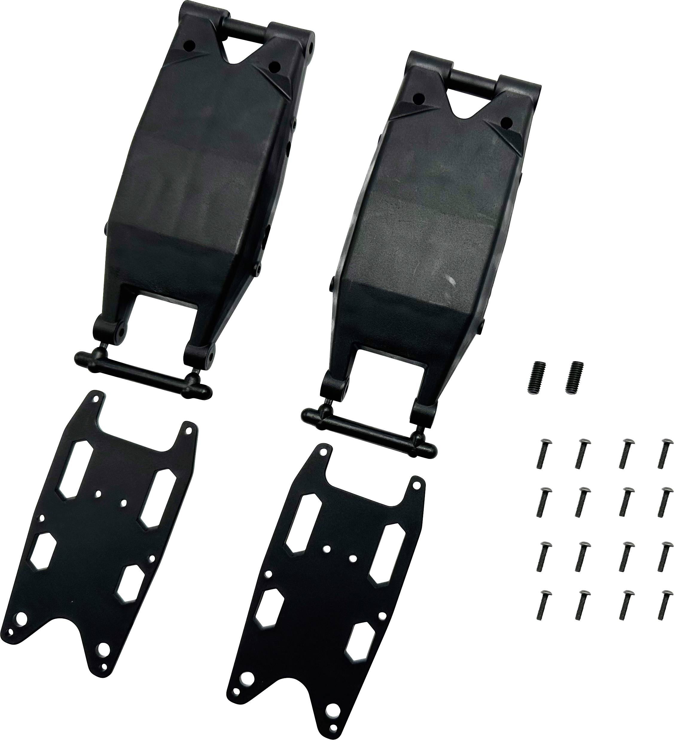 Dvě černé kovové napínací sady včetně desek a šroubů pro montáž, používané v systémech pohonu garážových vrat nebo podobných mechanismech.