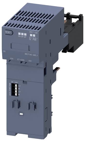 Modrá, obdélníková elektrická součástka s několika přepínači, LED indikátory a konektory. Nahoře je umístěno tlačítko 'RESET'.