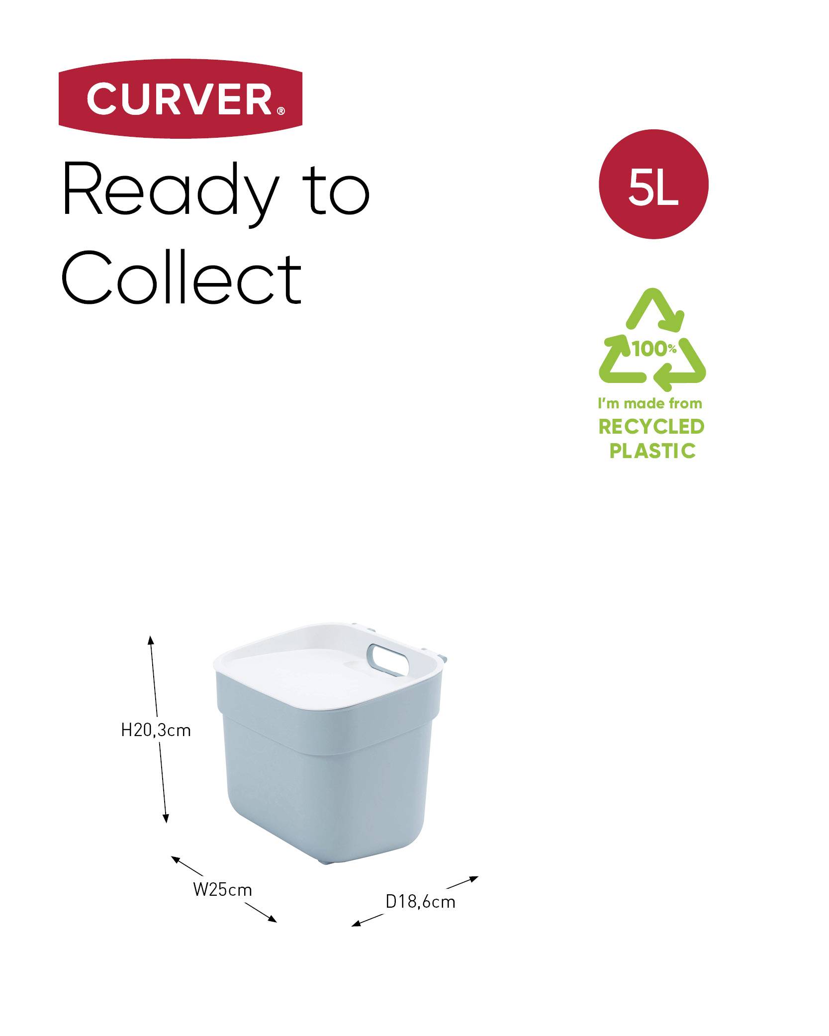 Úložný box 'Ready to Collect' od Curveru, 5 litrů, vyrobený z 100% recyklovaného plastu, rozměry: výška 20,3 cm, šířka 25 cm, hloubka 18,6 cm.