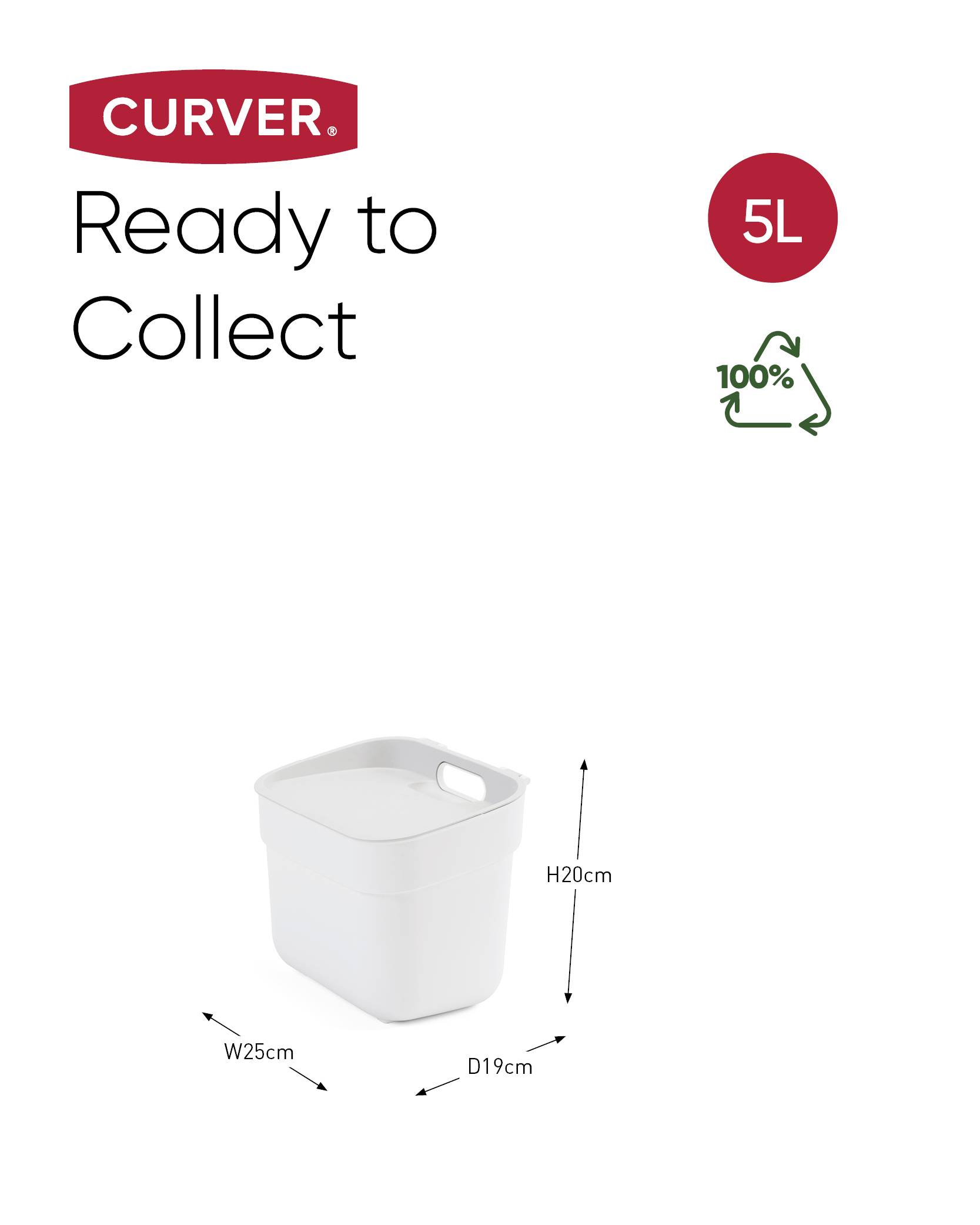 Bílý kontejner, 5 l, rozměry: šířka 25 cm, hloubka 19 cm, výška 20 cm, 100% recyklovatelný. Text 'Ready to Collect' a logo 'Curver'.