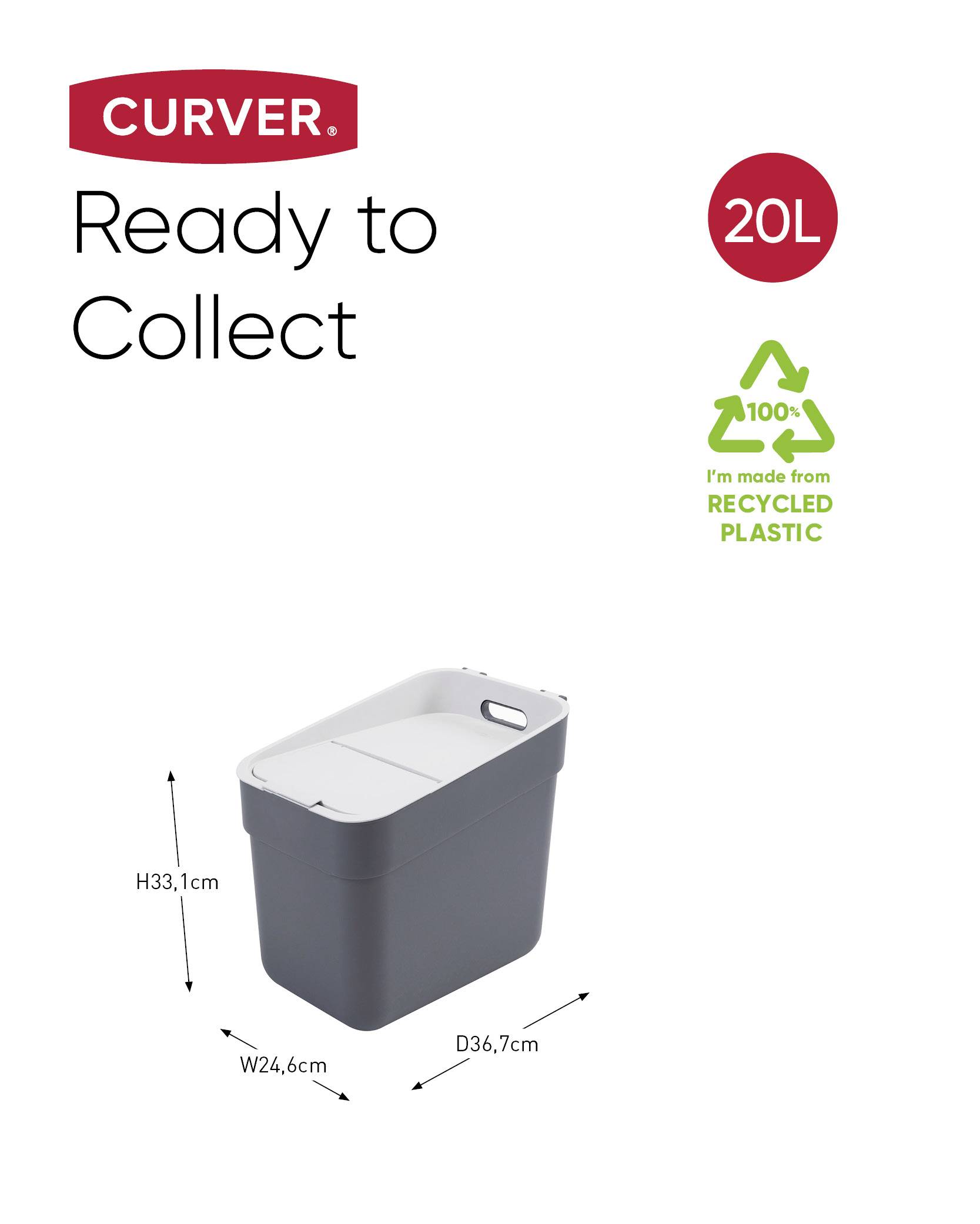 Sběrná krabice o objemu 20 litrů vyrobená z recyklovaného plastu s rozměry 33,1 cm výška × 24,6 cm šířka × 36,7 cm hloubka.