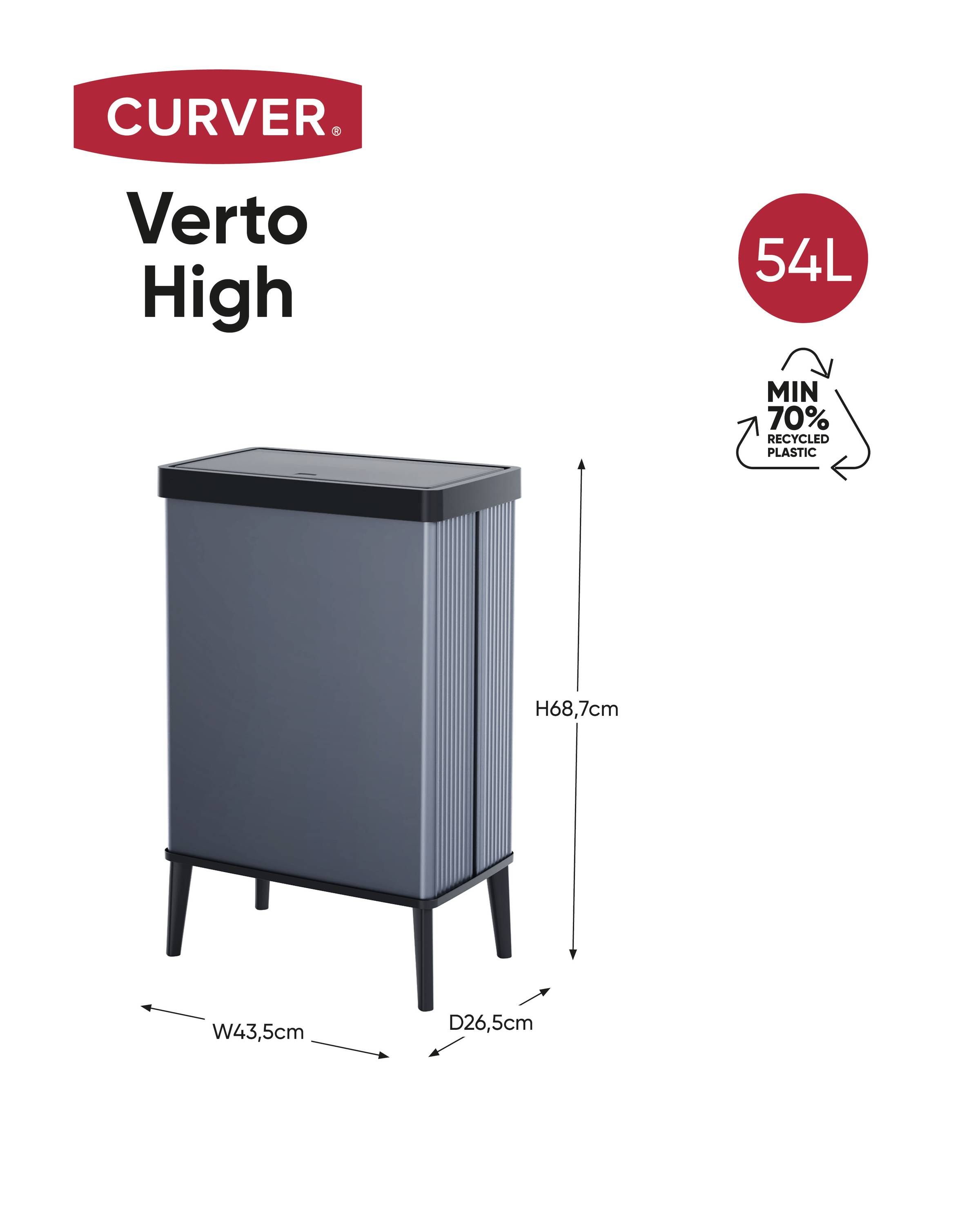 Odpadkový koš Curver Verto High: 54 litrů, šedá barva, V 68,7 cm, Š 43,5 cm, H 26,5 cm, vyroben z minimálně 70% recyklovaného plastu.
