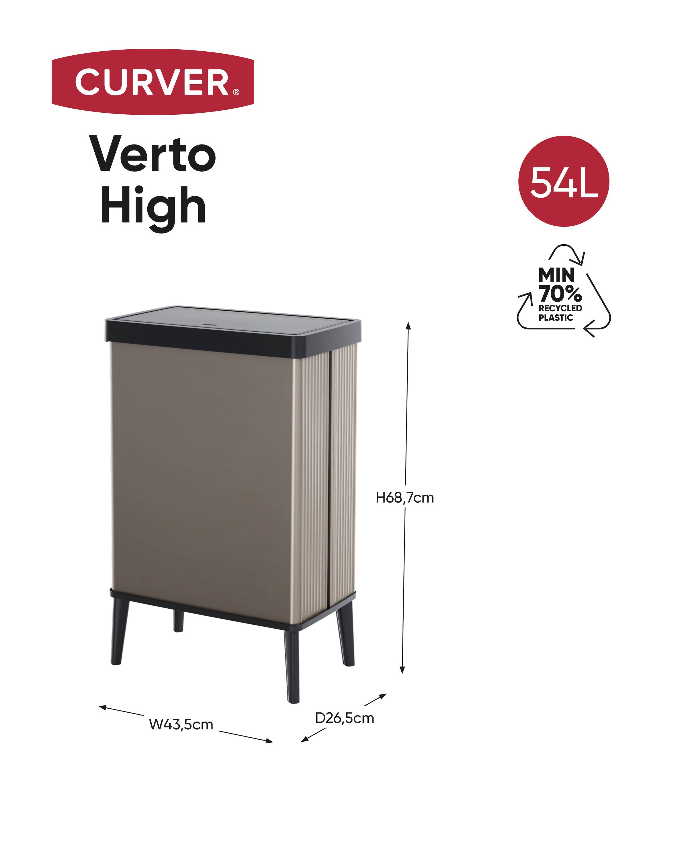 Odpadkový koš Curver Verto High, objem 54 litrů, výška 68,7 cm x šířka 43,5 cm x hloubka 26,5 cm, vyroben z minimálně 70% recyklovaného plastu.