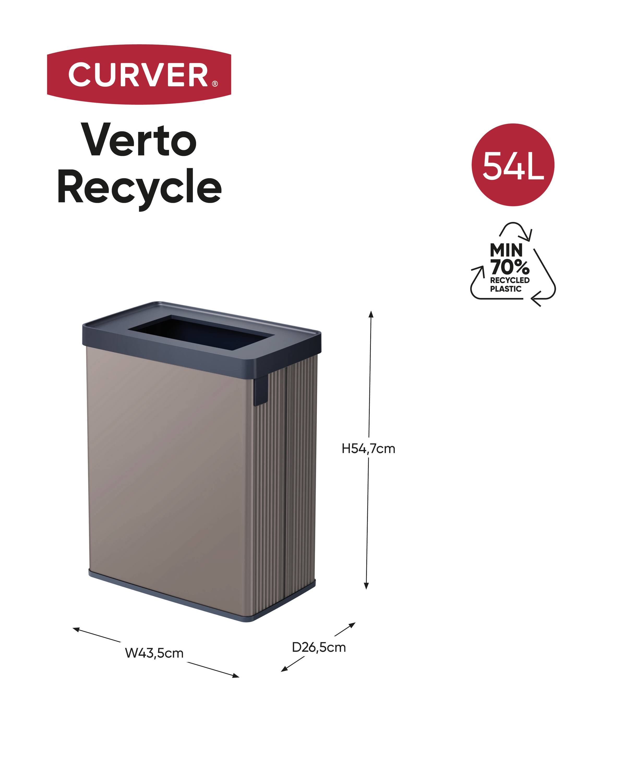Odpadkový koš 'CURVER Verto Recycle', obdélníkový, 54 l, vyrobený z minimálně 70% recyklovaného plastu. Rozměry: V 54,7 cm, Š 43,5 cm, H 26,5 cm.