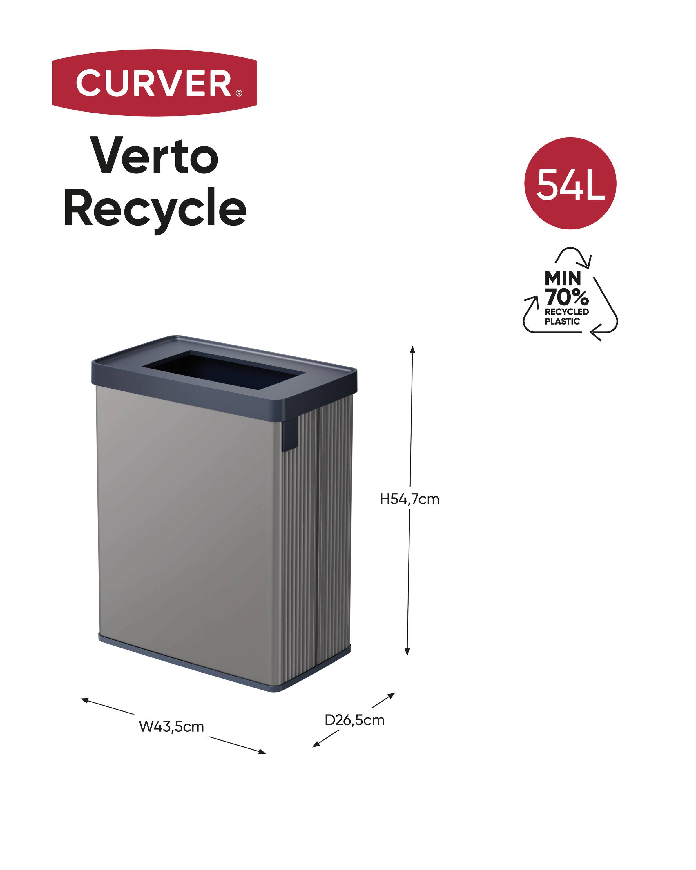 Hranatý odpadkový koš, 54 l, vyrobený z 70% recyklovaného plastu. Rozměry: V 54,7 cm, Š 43,5 cm, H 26,5 cm. Značka: Curver Verto Recycle.