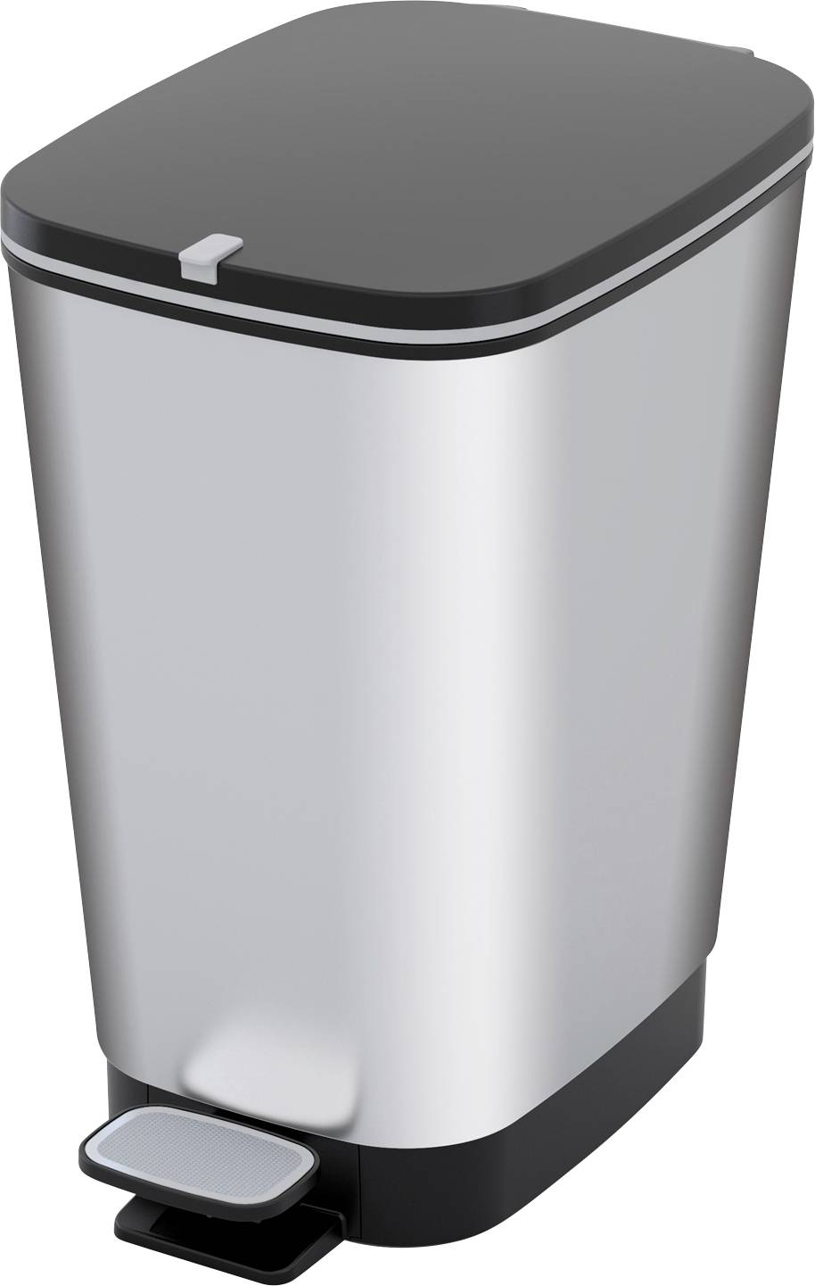 Stříbrný odpadkový koš s pedálem a obdélníkovým designem, vhodný do kuchyní nebo kanceláří.