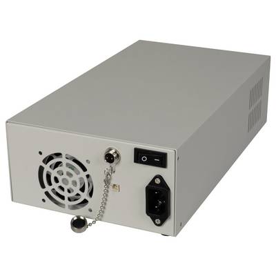 Obdélníkový, šedý napájecí zdroj s ventilátorem, síťovým vypínačem a konektorem. Vhodný pro technická zařízení a elektronické obvody.