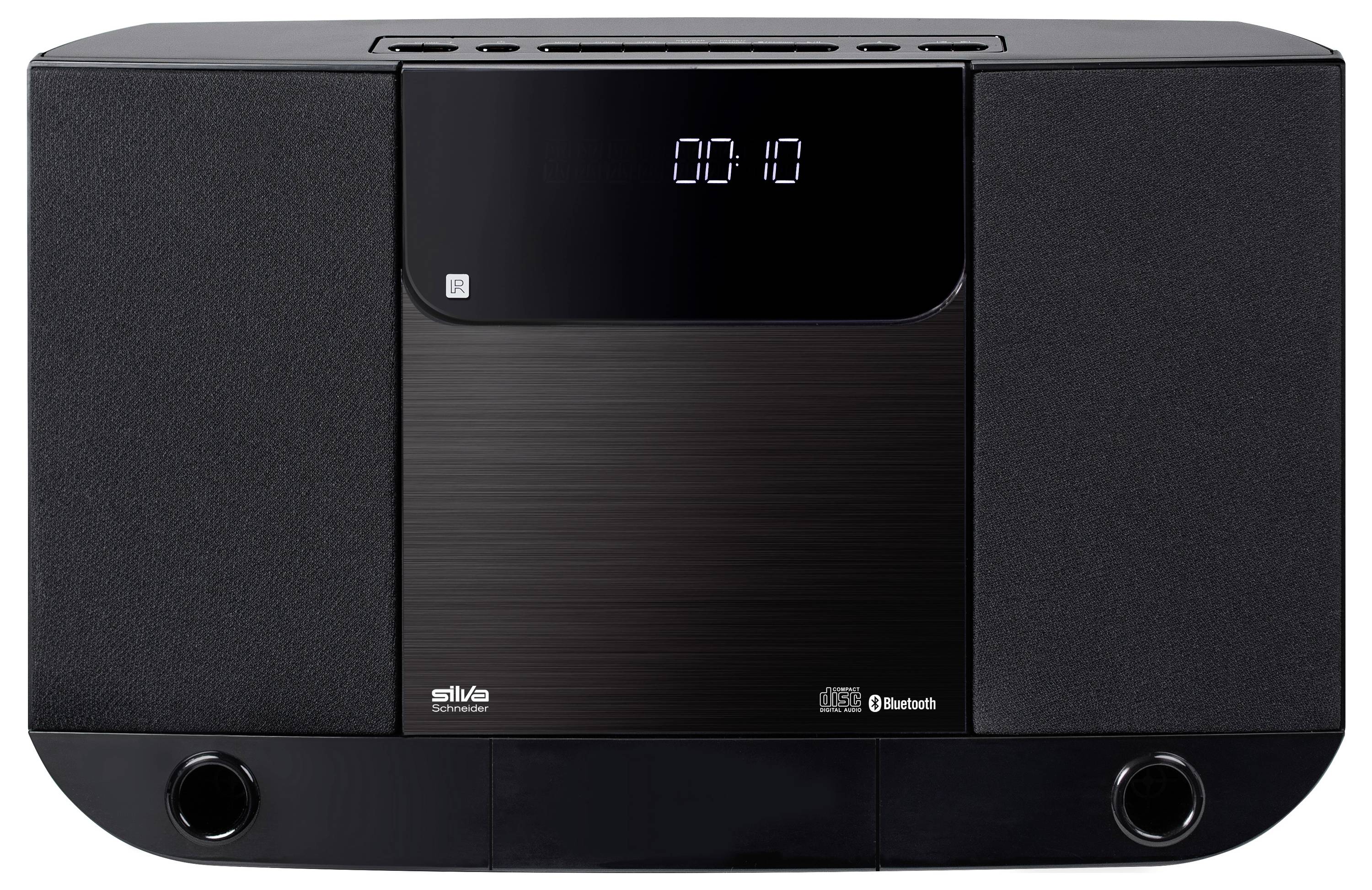 Černá stereo soustava s digitálním displejem zobrazujícím '00:10'. Jsou viditelná loga značek 'silva' a 'Bluetooth'.
