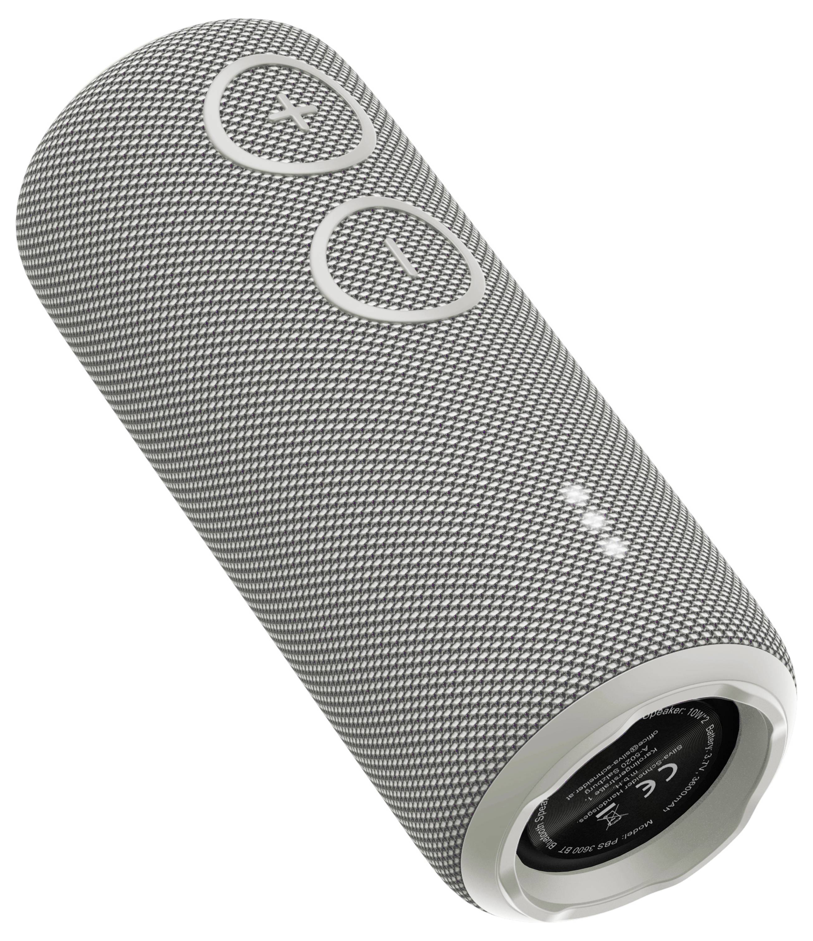 Přenosný bluetooth reproduktor, válcovitého tvaru, šedé barvy, s tlačítky plus a mínus pro ovládání hlasitosti na jedné straně.