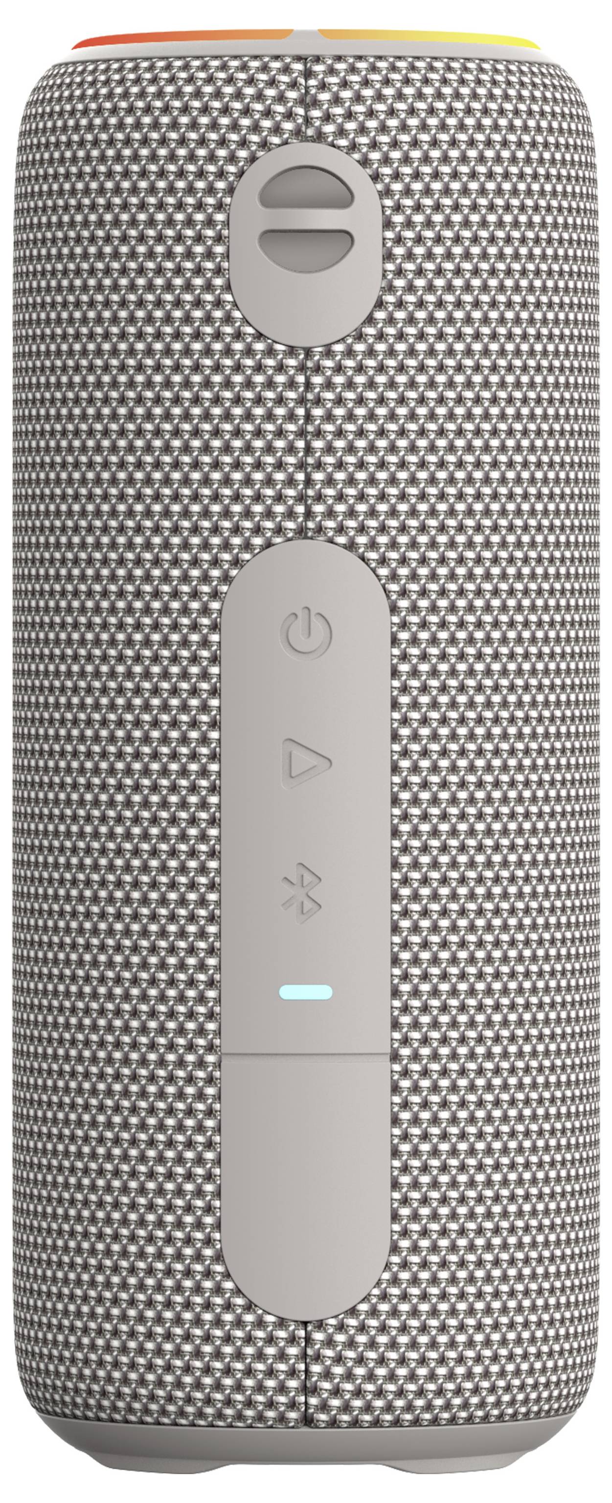 Válcový, přenosný Bluetooth reproduktor potažený šedo-bílou tkaninou, s ovládacími tlačítky na přední straně a LED displejem.