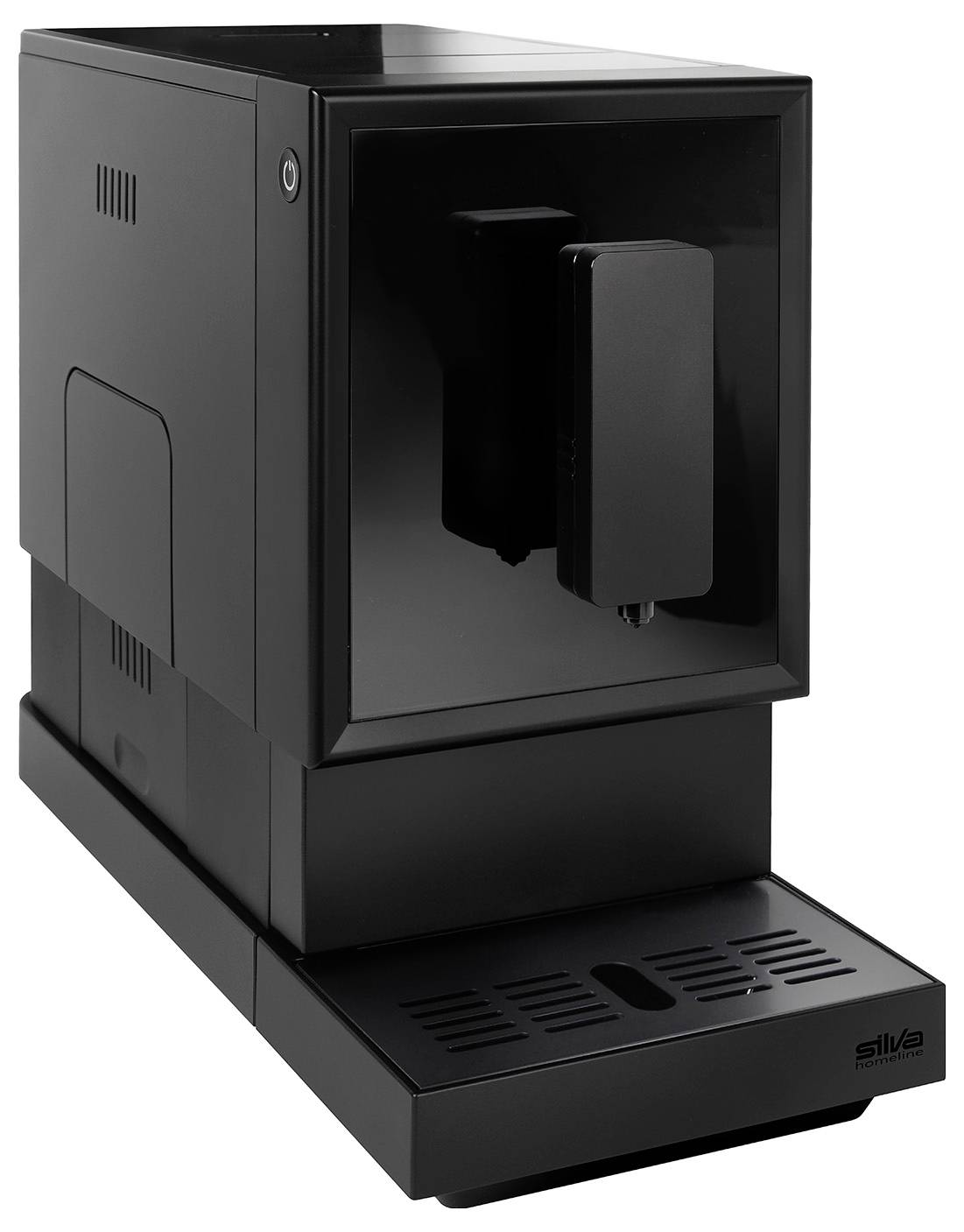 Černý kávovar s moderním designem, na předním pohledu je vidět výstup pro kávu.
