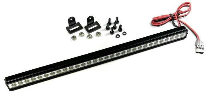 LED světelná lišta se dvěma montážními držáky, šrouby a připojovacím kabelem.