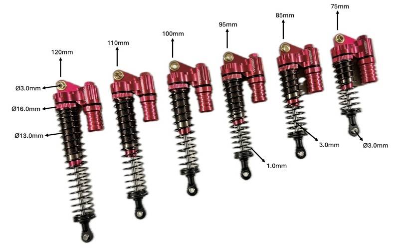 Šest červených tlumičů o různých délkách (120 mm až 75 mm) s proměnlivými průměry (3,0 mm až 16,0 mm).