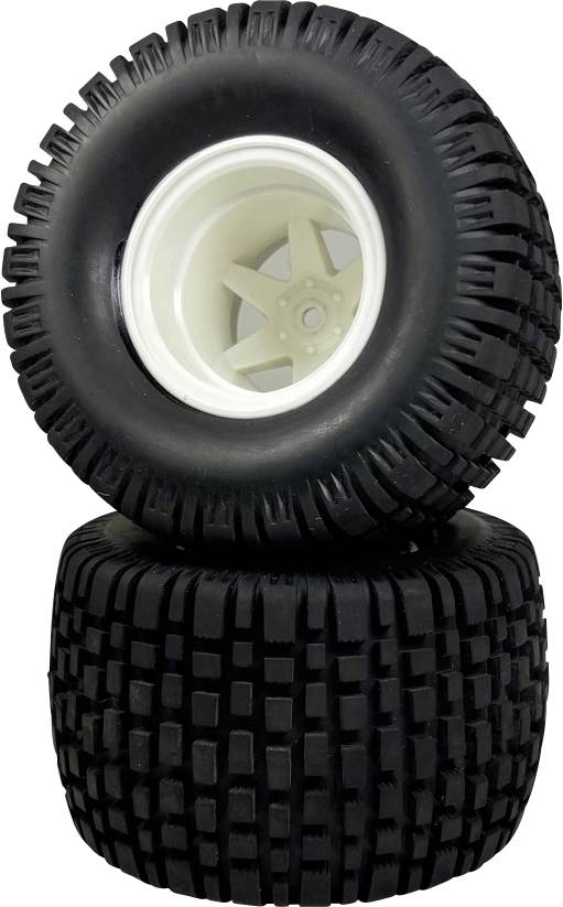Dva černé, hrubé pneumatiky s bílými ráfky, nasazené jedna na druhé. Vhodné pro offroad nebo hračkářská autíčka.