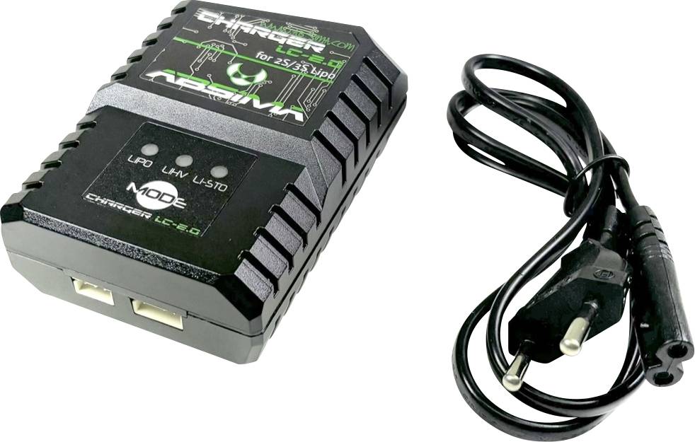 Nabíječka s napájecím kabelem, vhodná pro 2S/3S LiPo baterie, s LED indikátory pro zobrazení nabíjecích módů.