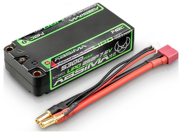 Černý LiPo akumulátor od Absima se zeleným popisem, 5800 mAh, 7,6 V, 140C, s dvěma červenými a černými připojovacími kabely.