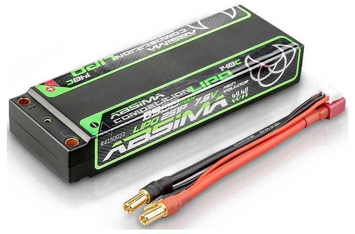 Černý lithium-polymerový akumulátor se zeleným popisem. Dva vyčnívající připojovací kabely se zlatými konektory a červeno-bílým připojením.