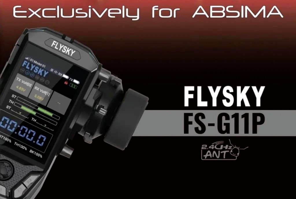 Ovladač FLYSKY FS-G11P RC pro automobily, exkluzivně pro ABSIMA. Zobrazuje nastavení ovládání a podporu 2,4 GHz ANT.