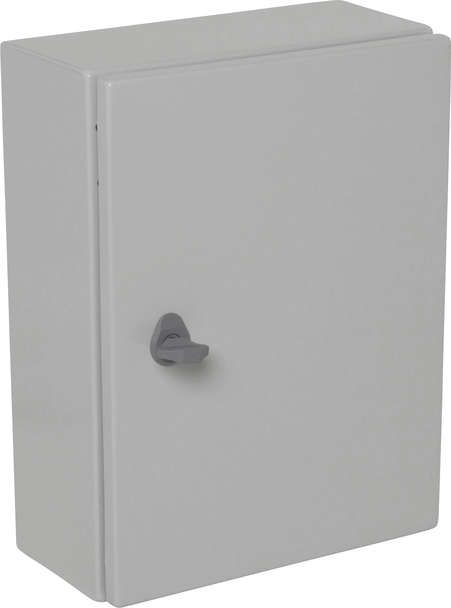 Šedá, pravoúhlá kovová skříň s držadlem, zavřená.