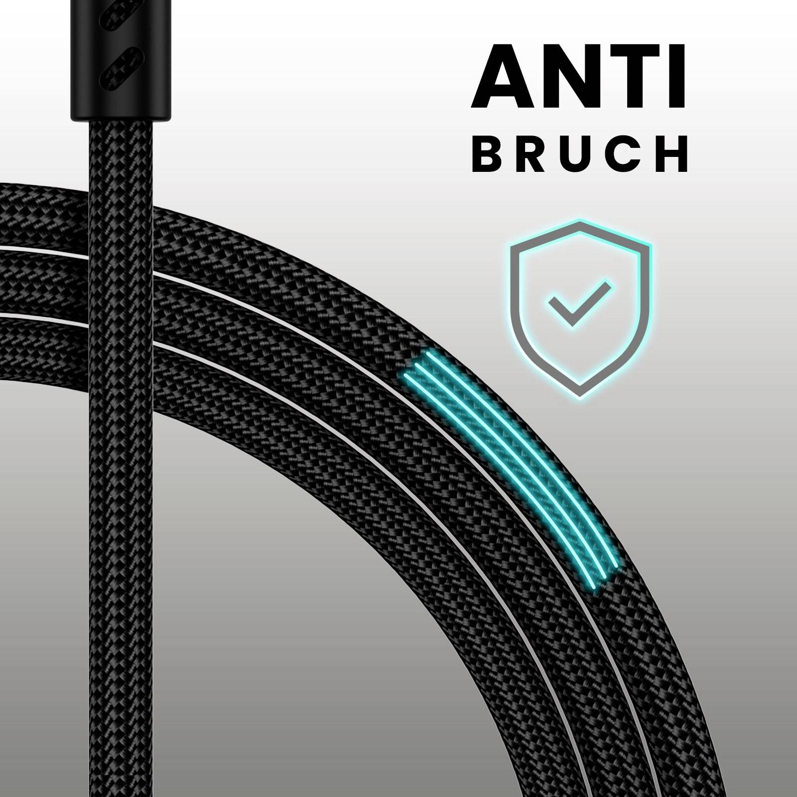 Robustní kabel s designem odolným proti zlomení a modrým světelným pruhem. Symbol štítu znázorňuje ochranu a trvanlivost.