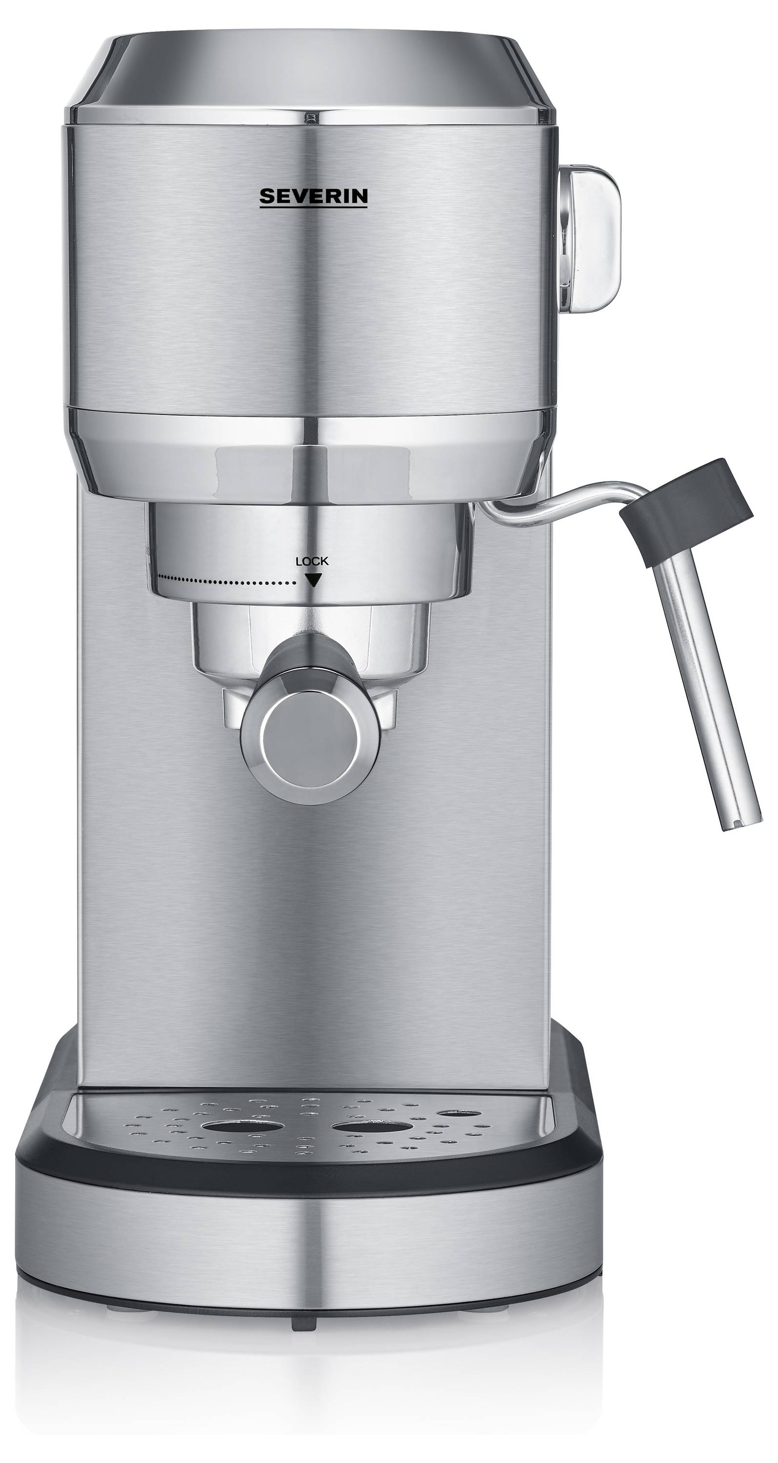 Stříbrný kávovar na espresso s parní tryskou a plochou pro odložení šálků, viditelný název značky.
