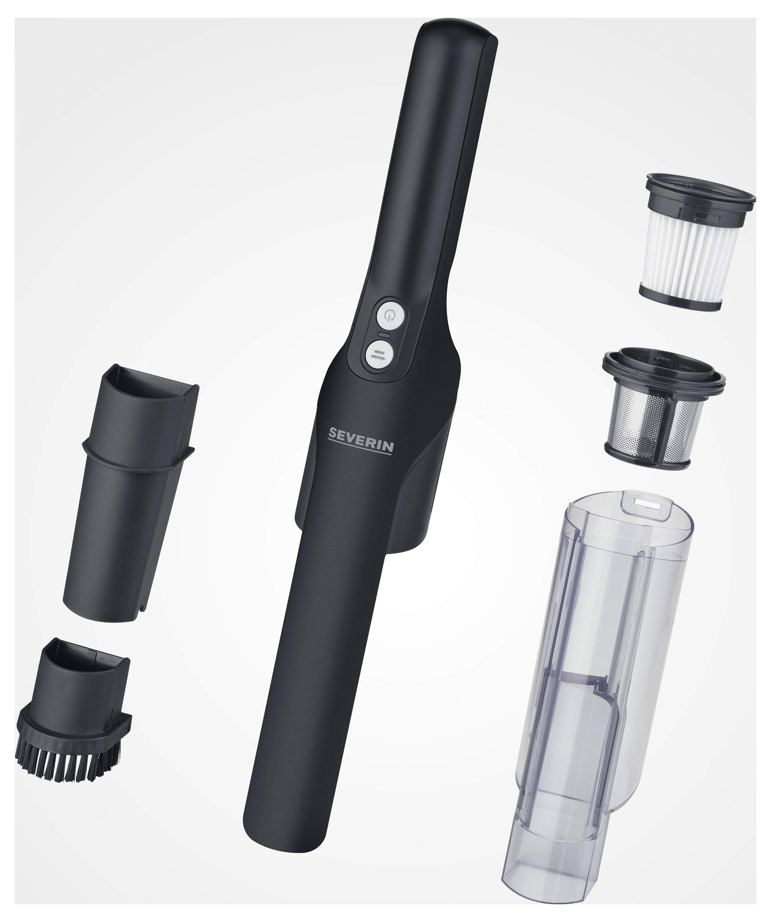 Ruční vysavač v černé barvě od značky Severin, s příslušenstvím jako jsou nástavce a filtry, prezentovaný na bílém pozadí.