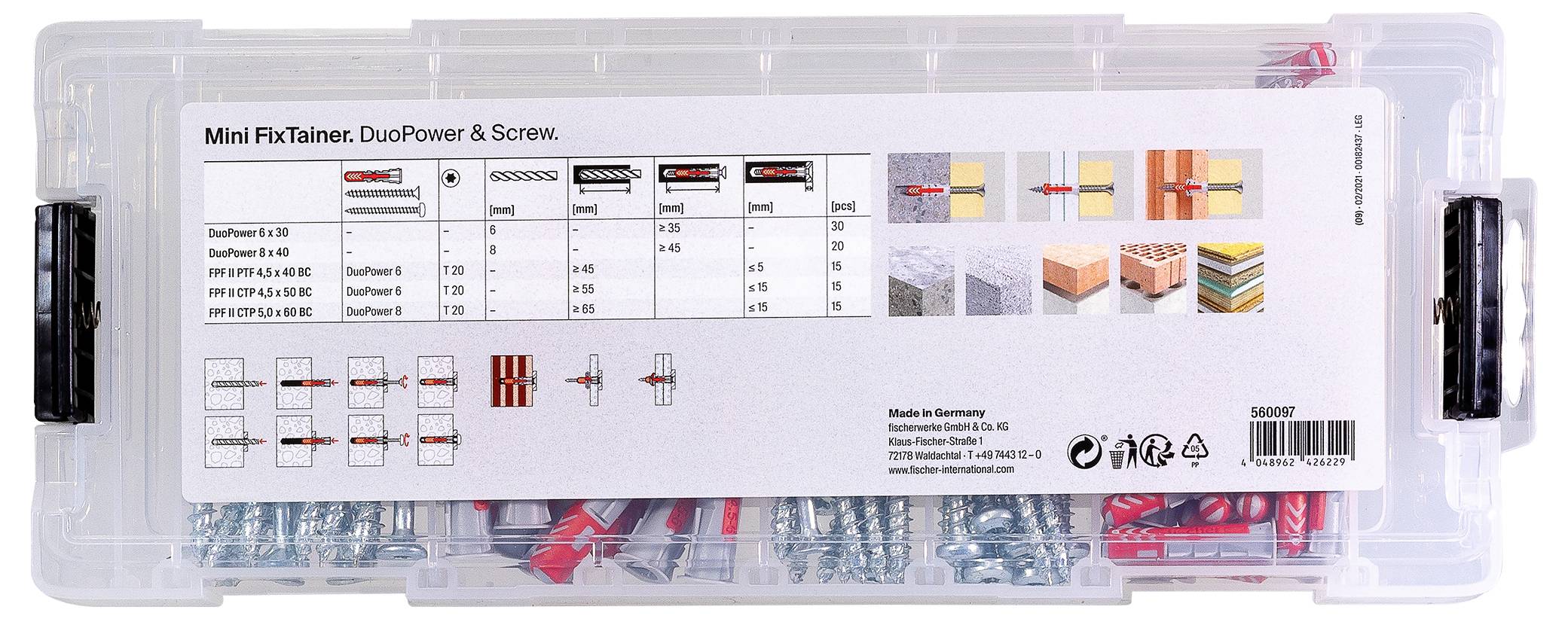 Průhledná krabice se šrouby a hmoždinkami, etiketa zobrazuje informace o produktu: 'Mini FixTainer: DuoPower & Šroub', technický list, obrázky použití.