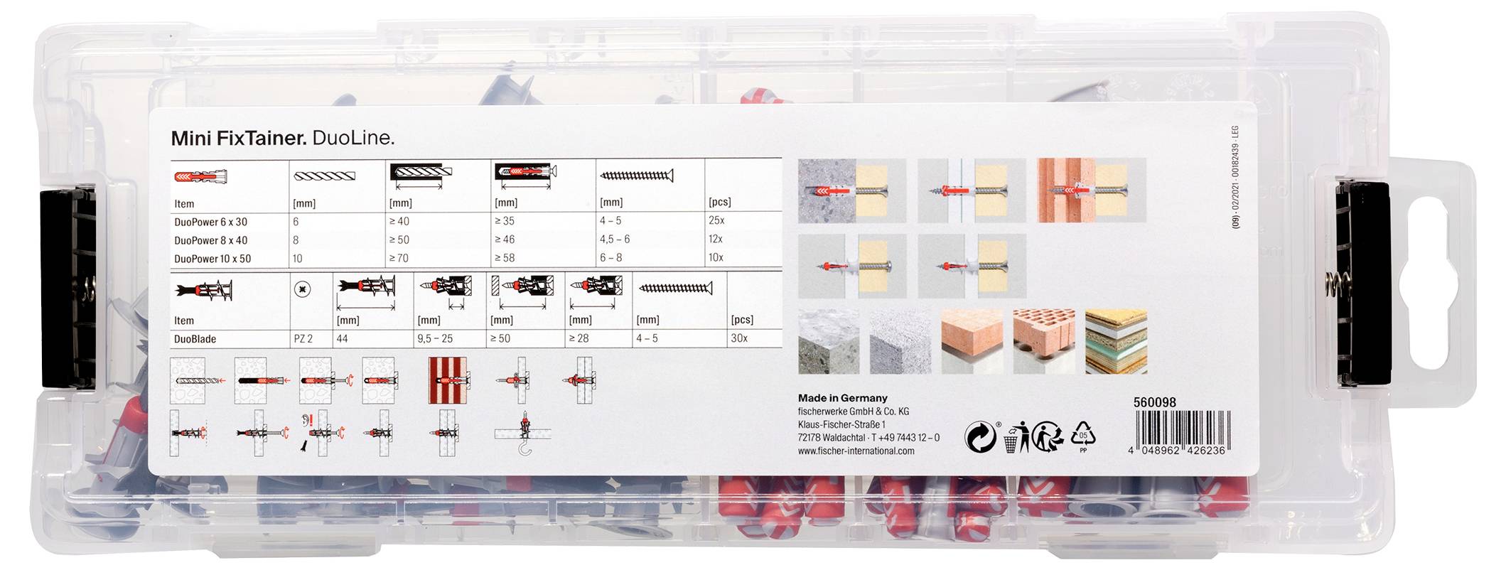 Transparentní plastový box s montážním příslušenstvím. Etiketa zobrazuje možnosti upevnění pro různé materiály. Název produktu: 'Mini FixTainer DuoLine'.