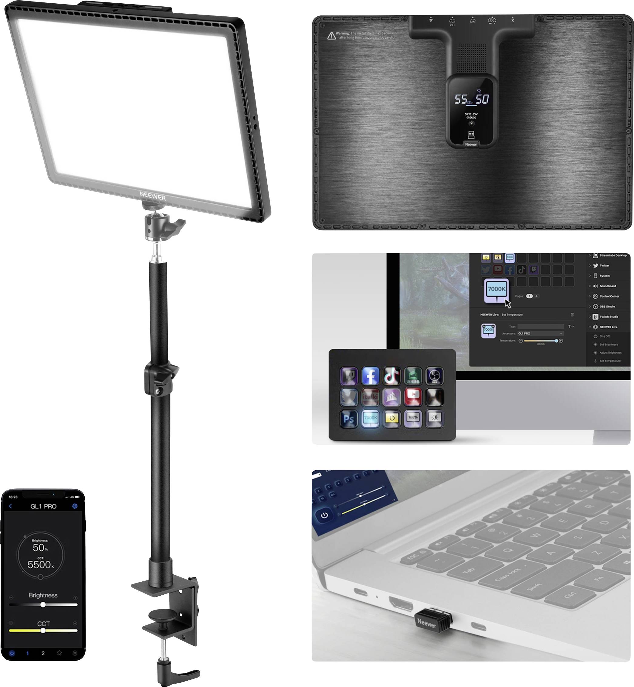Světelný panel se stavitelným stativem, displej zobrazuje '55.50'. Smartphone aplikace s ovládáním jasu. Připojení k laptopu a počítačovému monitoru.
