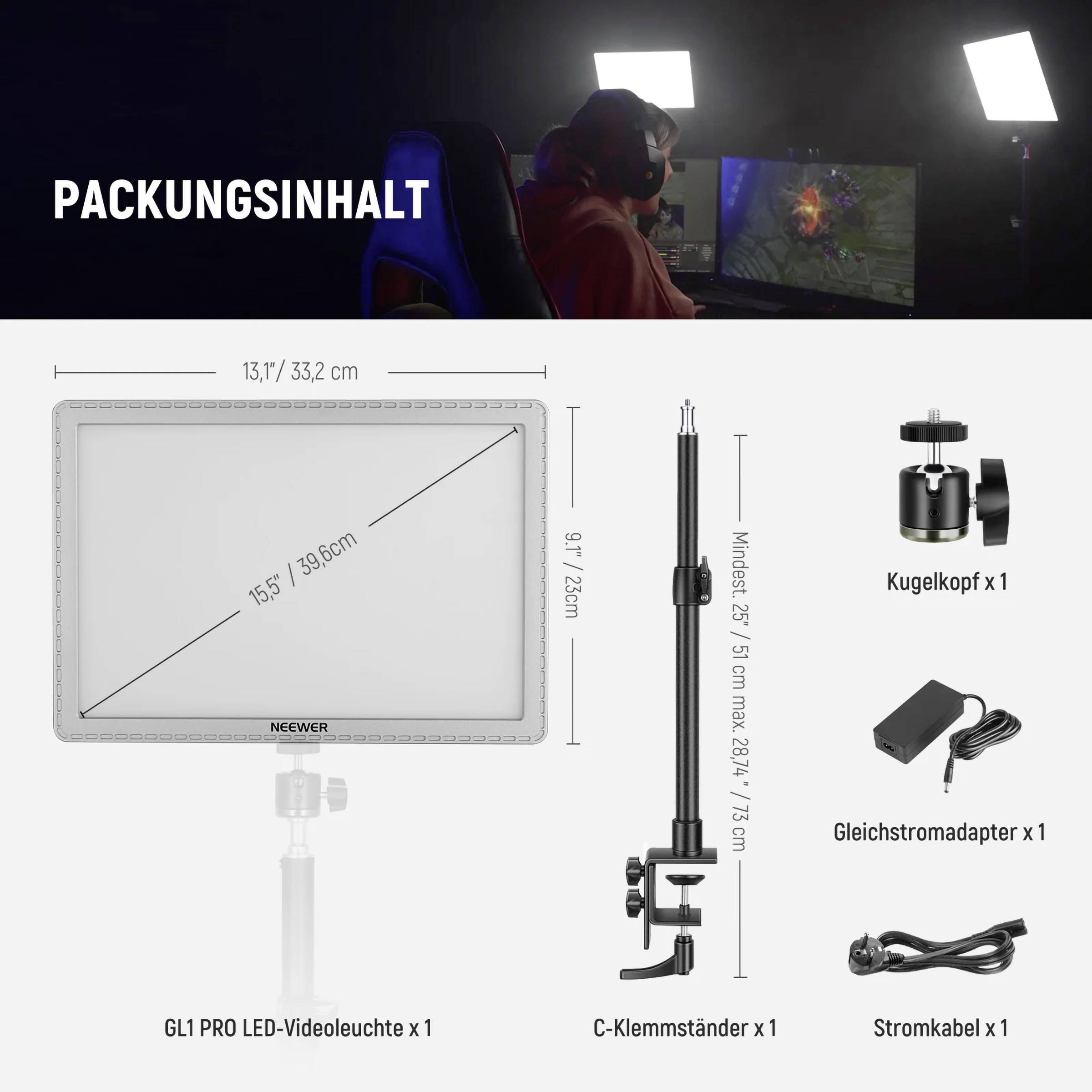 Obsah balení: LED video světlo, C-svorka, kulová hlava, síťový adaptér, napájecí kabel. Rozměry světla: 33,2 cm x 19,6 cm.